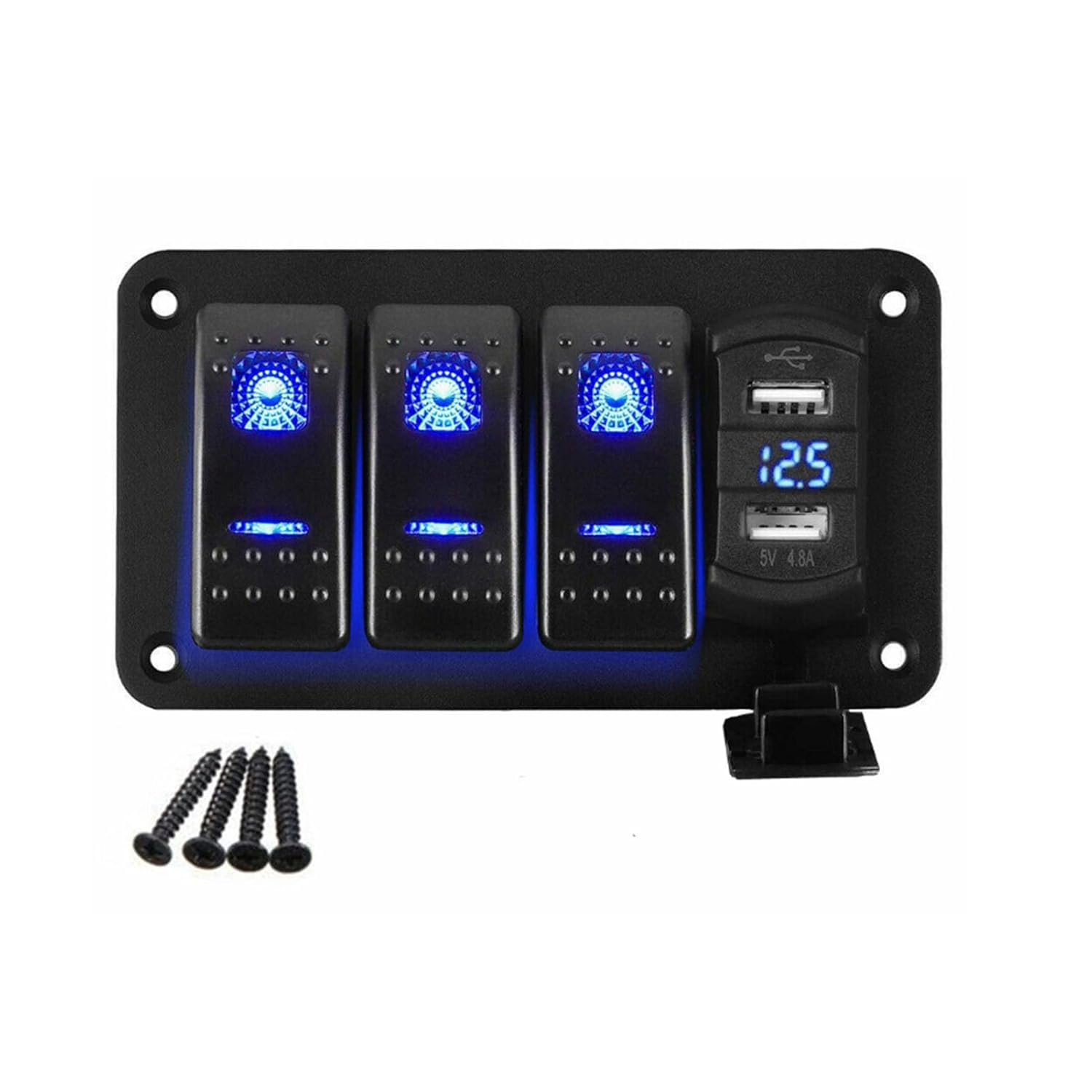 3 Gang Multi-Function Rocker Switch Box, Dual USB + Digital Volmeter, 12V 24V 5 Pin On/Off Pre-Wired Rocker Switch Panel for RV Car Boat Truck Trailer (Blue Light) image number 2