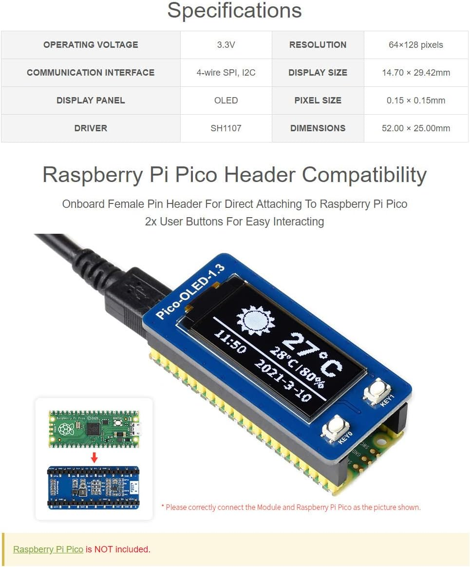Waveshare 1.3Inch OLED Display Module for Raspberry Pi Pico 64&times;128 Pixels SPI/I2C