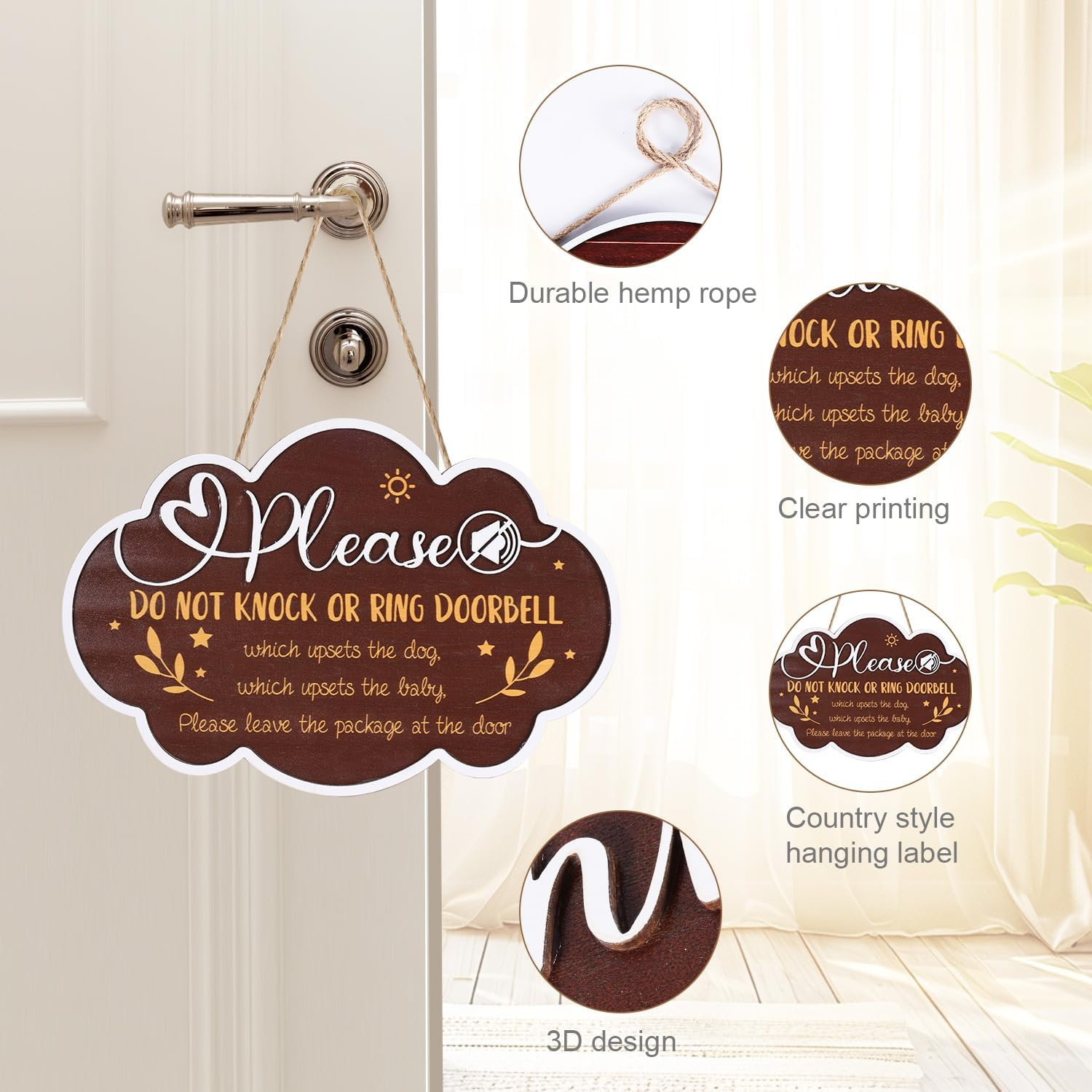 Baby Sleeping Sign, Hanging 3D Wooden Baby Sleeping Sign Plaque with Rope for Baby Room Nursery Kids Room Bedroom Front Door Decoration for New Parents Gifts (Model A) image number 4