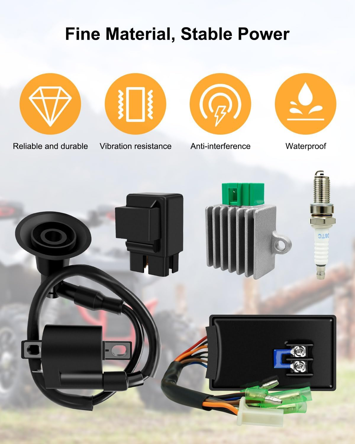 5PCS CDI Box Ignition Coil Kit Fit for Polaris Sportsman 90 Scrambler 90 50 Predator 50 90 2001-2007 with Voltage Regulator Rectifier Spark Plug & Starter Relay Solenoid Replace 0451018 0452187