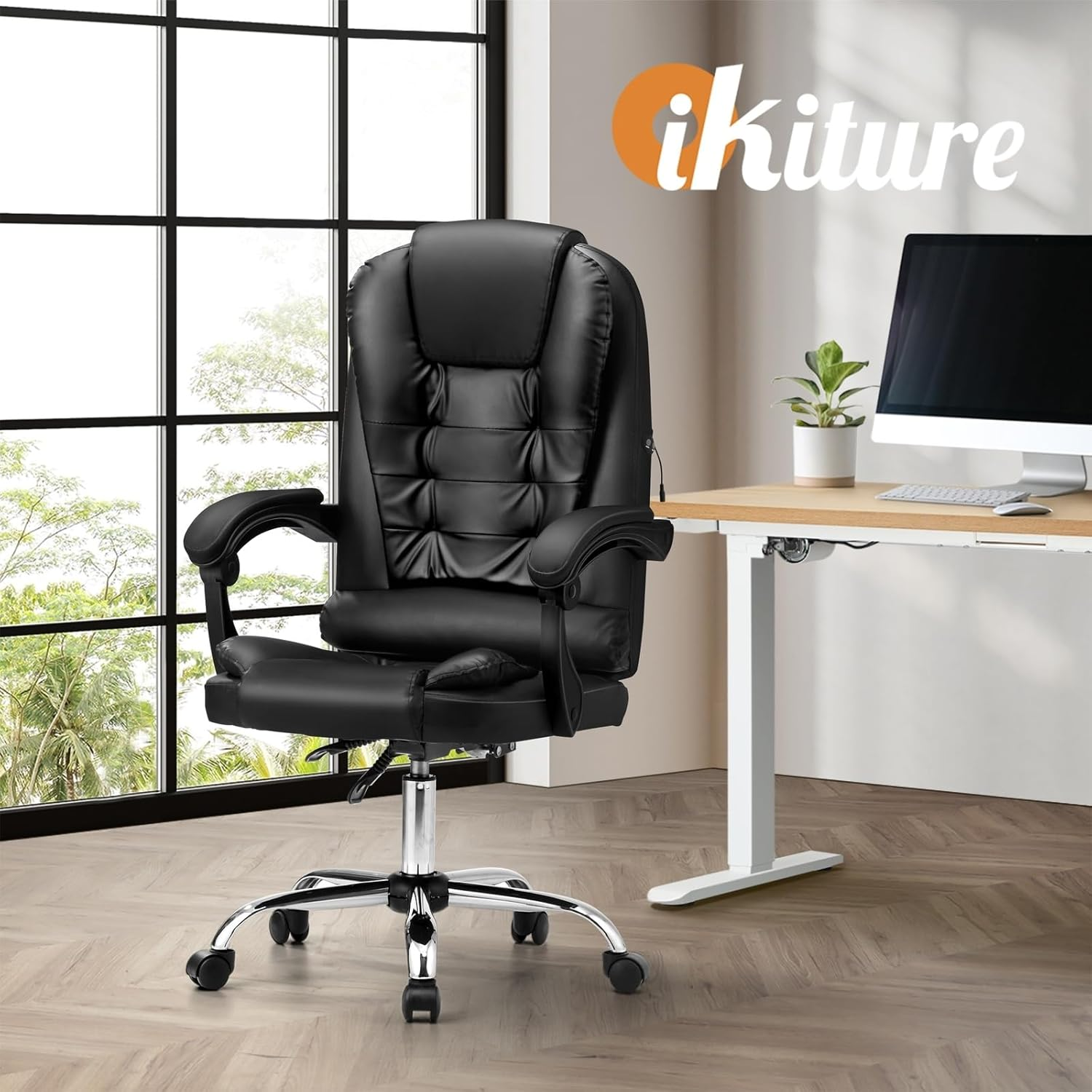 Oikiture Office Desk Chair with Pu Leather Cover and 90-150 Degrees Reclining Ergonomic Message Chair Black - Boss With Footrest-Black image number 3