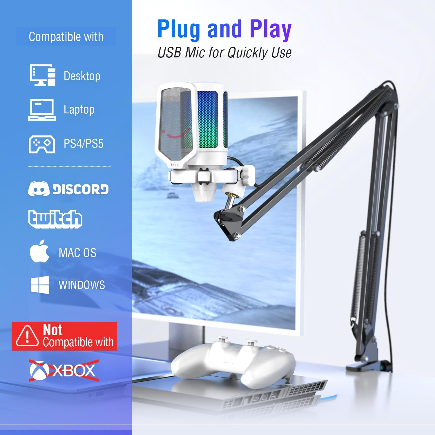 FIFINE Streaming Gaming USB Microphone Kit, PC Condenser RGB Mic on PS4/PS5, Plug and Play for Music Recording, Online Game, Discord, Twitch, with Pop Filter, Shock Mount-A6T White image number 5