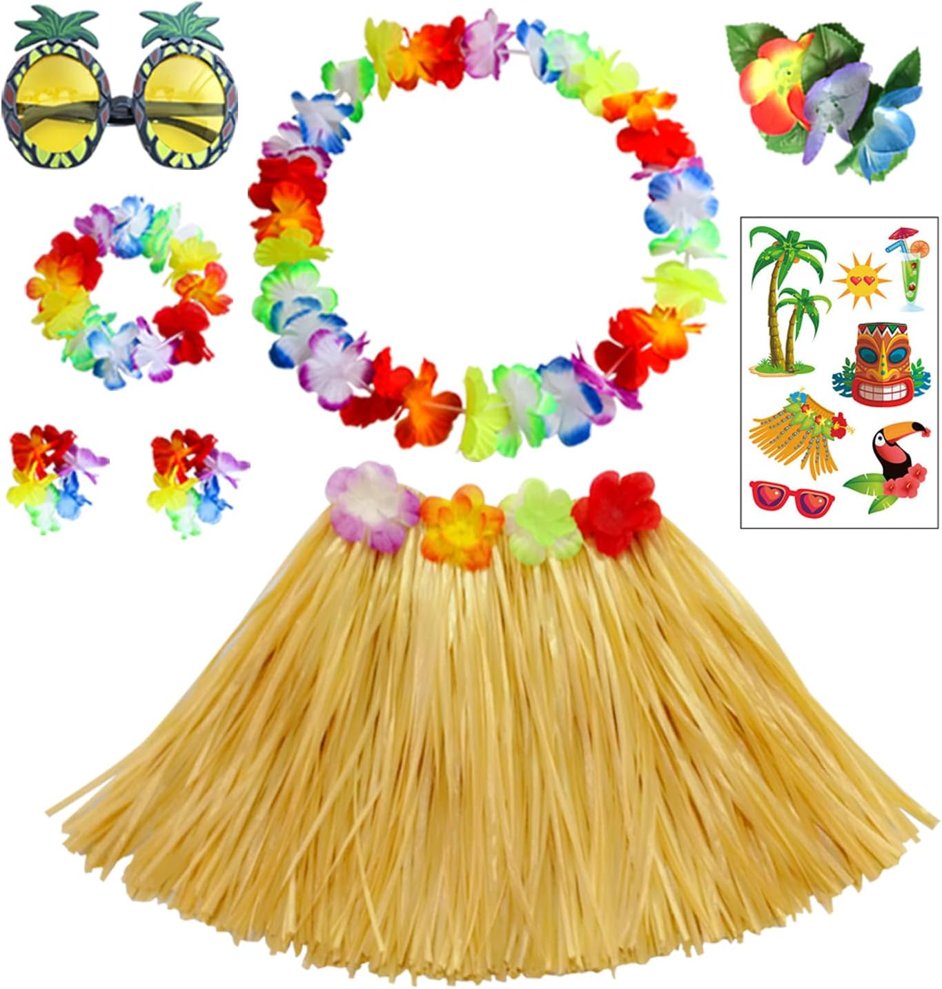 8Pcs Hawaiian Hula Skirt Costume Set,40Cm Hawaiian Grass Skirt,Hawaii Leis,Pineapple Glasses for Kids Fancy Dress Supplies Summer Beach Tropical Party Decorations