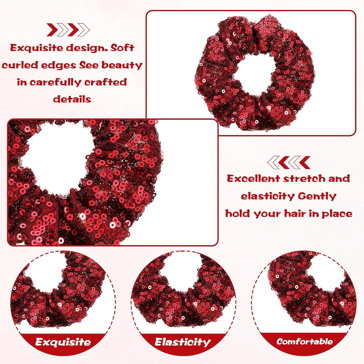 Pack of 2 Glitter Hair Bobbles Women'S Sequin Hair Scrunchies Glitter Red Wine Girls Sparkling Ponytail Holder Sequins Hair Accessories Elastic Hair Bands for Birthday Carnival Theme Party image number 6