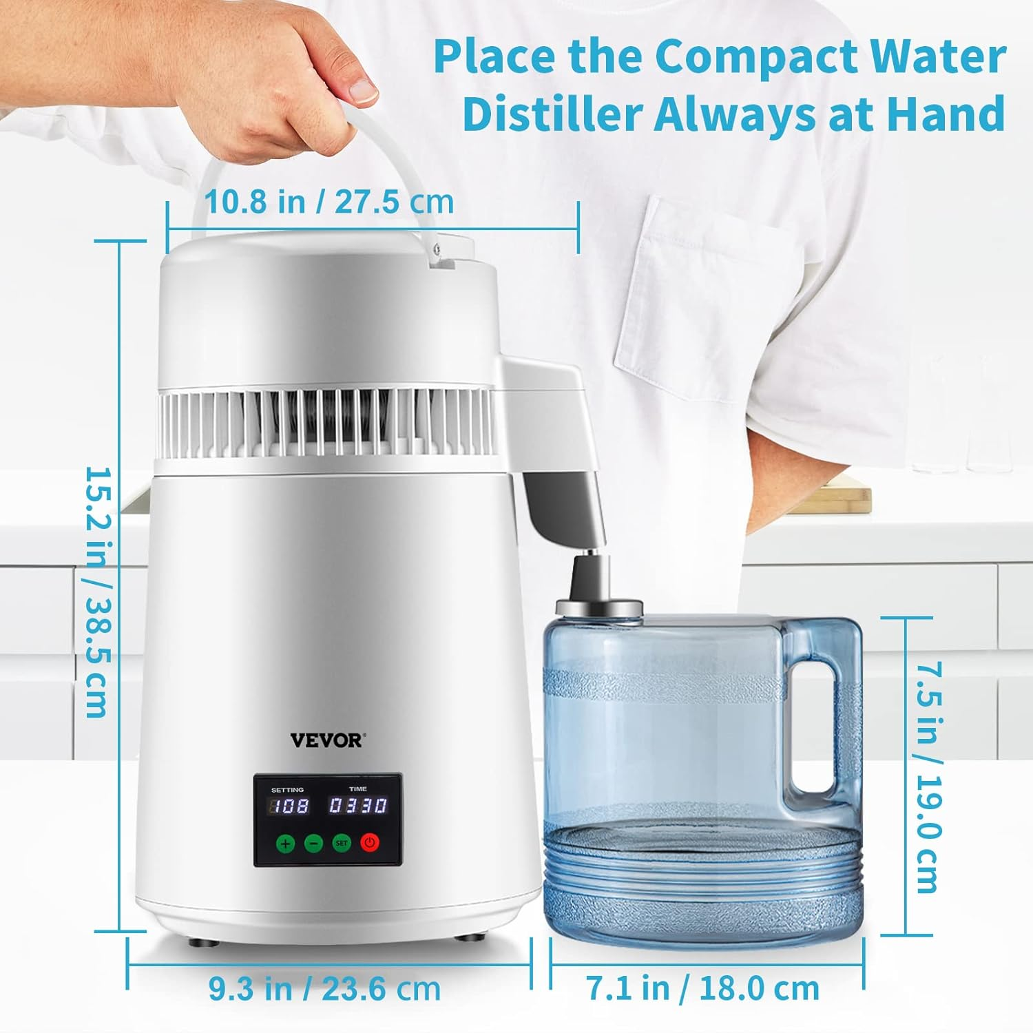 VEVOR 4L Water Distiller,0.3Gal/H, Distilled Water Maker Machine 750W 0-99H Timing Set Temp Display, 304 Stainless Steel Countertop Distiller Plastic Carafe Cleaning Powder 3 Carbon Packs, White image number 4