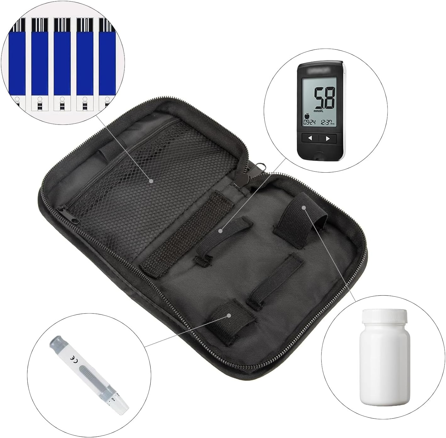 Diabetic Travel Organizer Case - Supplies Bag for Glucose Meter, Testing Strips, Lancets & Medical Kit | Portable Waterproof Compact Black | Blood Glucose Monitor Accessories (Only Case) image number 6