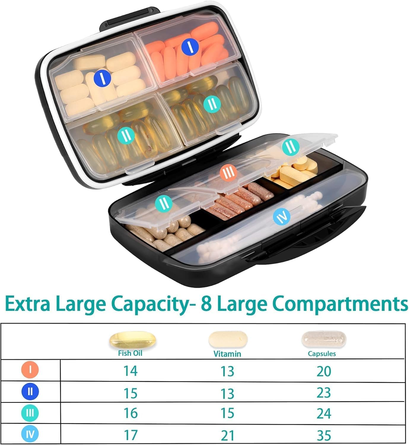 Travel Pill Organizer Large Portable Medication Organizer, Fullicon Oversize 8 Compartment Pill Box, Vitamin Travel Case Pill Holder - Airtight & Moistureproof (Black)