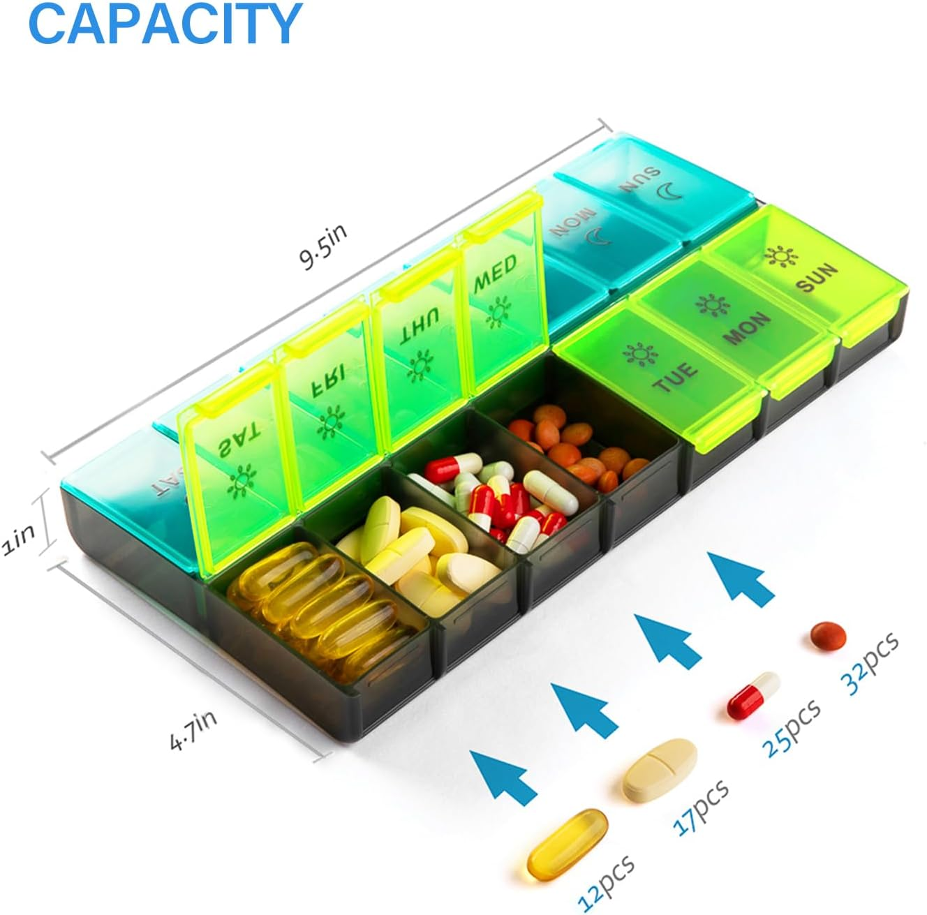 Mossime XL Large Daily Pill Organizer 2 Times a Day, Extra Jumbo 7 Day Pill Box Am Pm, Weekly Day Night Vitamin Holder, Medicine Organizer, Big Pill Container, Medication Dispenser 14 Compartments - Blue+Green image number 1