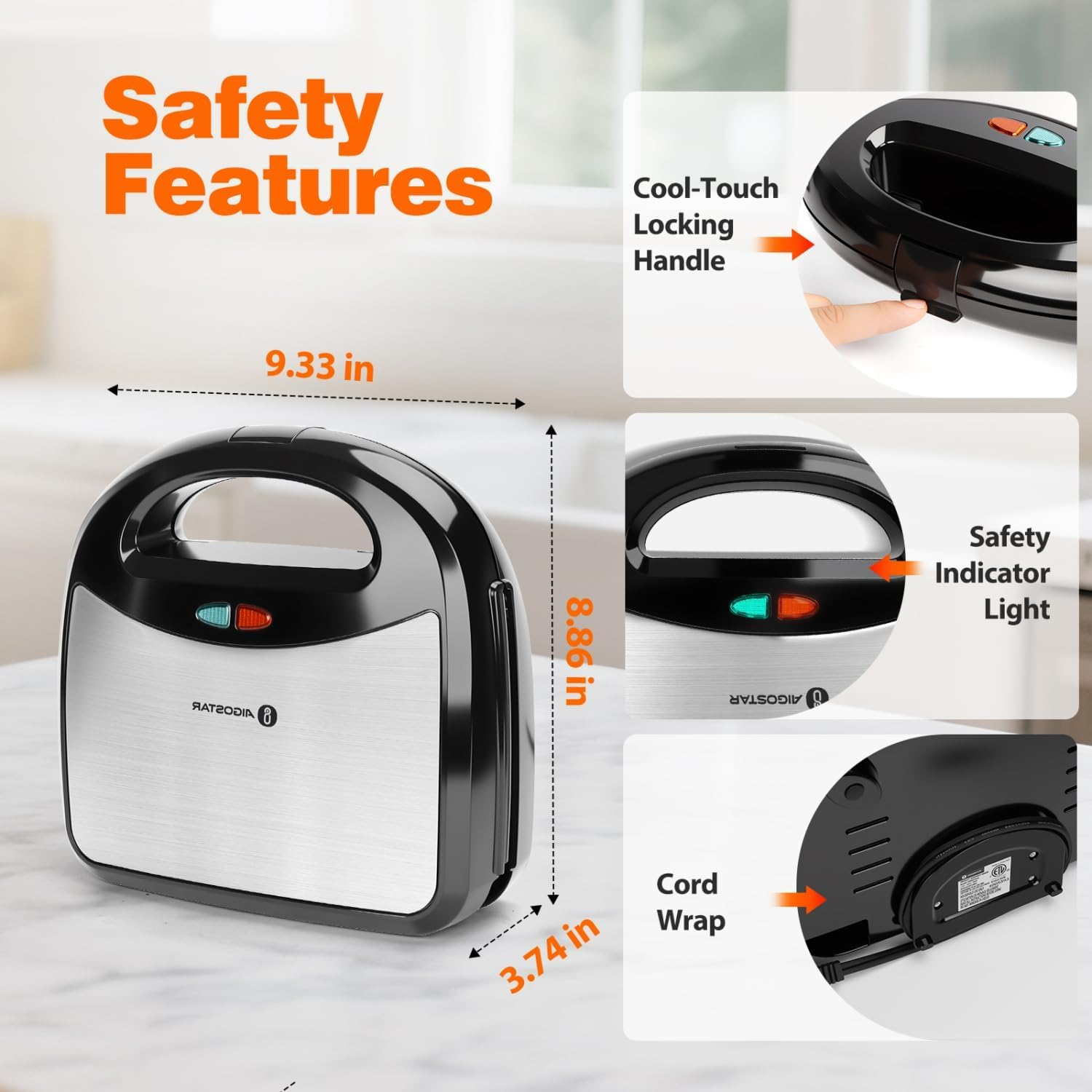 3-In-1 Sandwich Maker with Removable Plates, Non-Stick Waffle Iron & Panini Press for Grilling, Compact Electric Grill with Cool-Touch Handle, LED Lights & Easy Clean image number 2