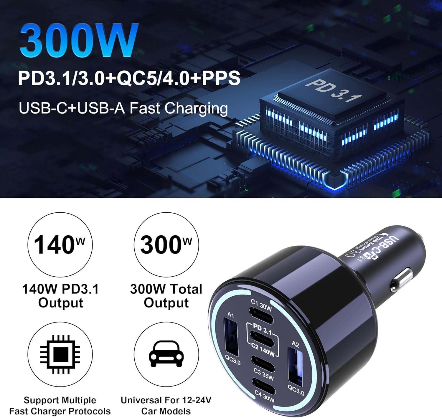 CHIPOFY 300W USB C Car Charger, 6 Ports (4 USB C + 2 USB A) - PD3.1 140W PPS 100W QC 60W Super Fast Charging for Macbook Laptop, Iphone 16 15 14 Pro Max, Ipad, Galaxy S24/S23 Ultra Etc image number 5