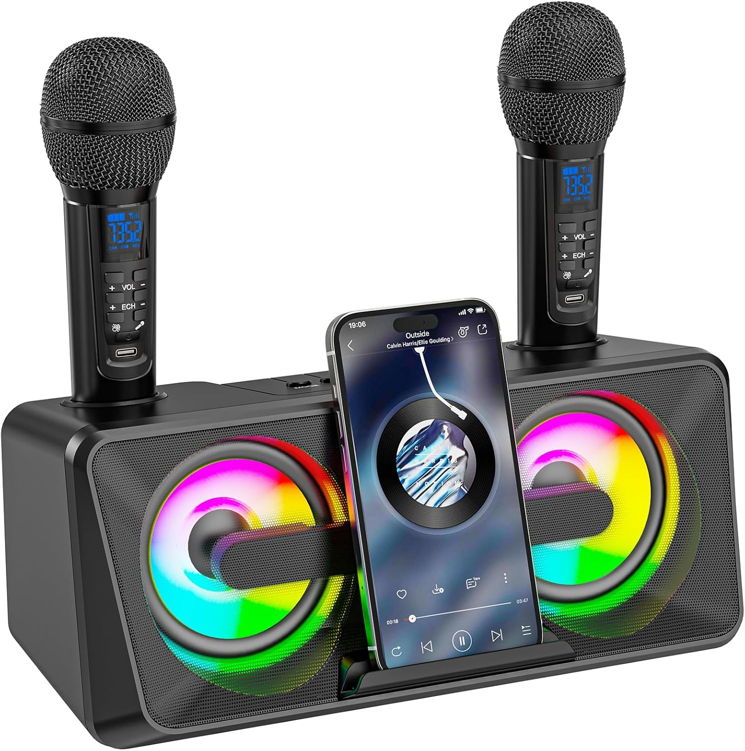 Karaoke Machine for Adults and Kids with 2 UHF Wireless Microphones,Portable Bluetooth Singing Speakers PA System with Disco Lights Phone Holder for Home Party, Picnic,Outdoor/Birthday Gifts image number 2