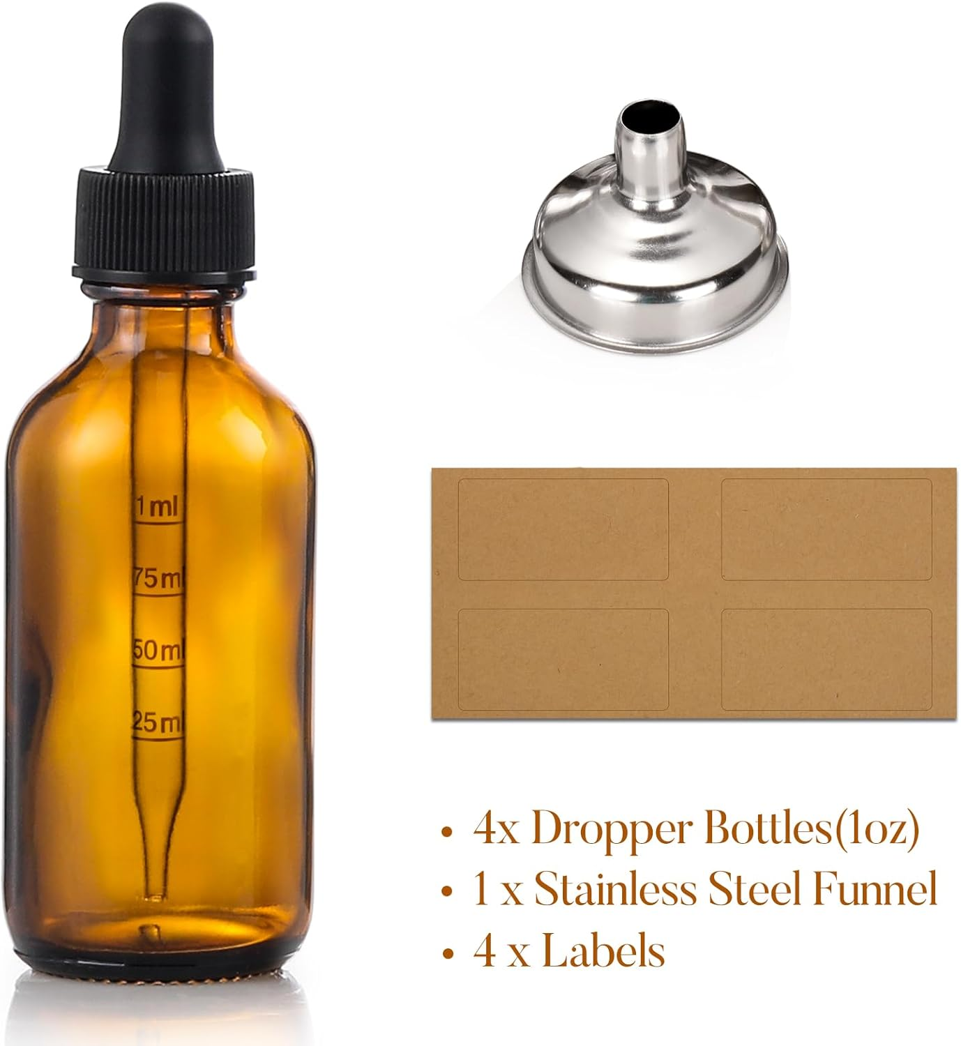 4 Pack 1 Oz Glass Dropper Bottles with Measured Dropper - 30Ml Dark Amber Tincture Bottles with Graduated Calibrated Glass Eye Droppers (1Ml) for Essential Oils, Liquids - Leakproof Travel Bottles image number 3