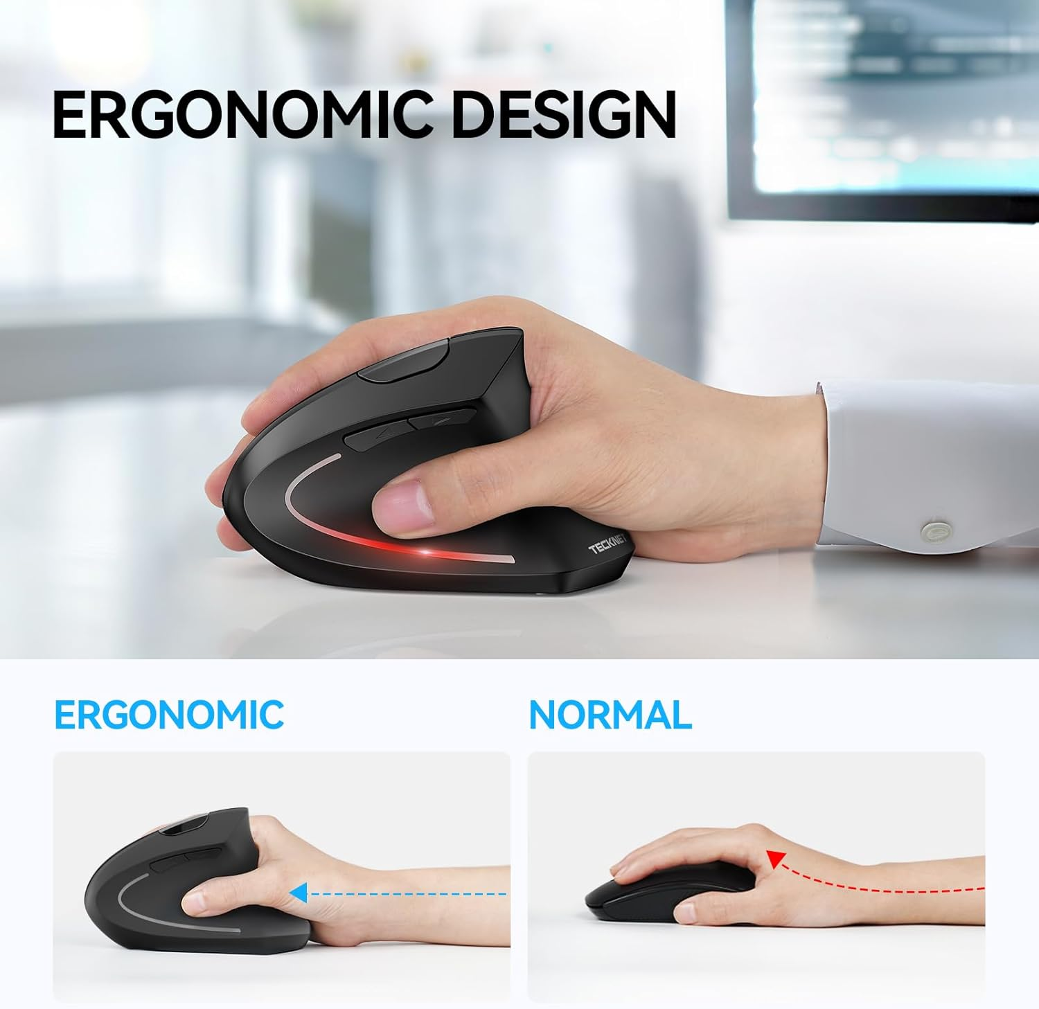 TECKNET Ergonomic Mouse, Wireless Bluetooth Vertical Mouse, 4800 DPI Optical Tracking, 6 Adjustable DPI, Quiet Clicks, 2.4Ghz with USB a Receiver, 6 Buttons, Wide Compatibility image number 3