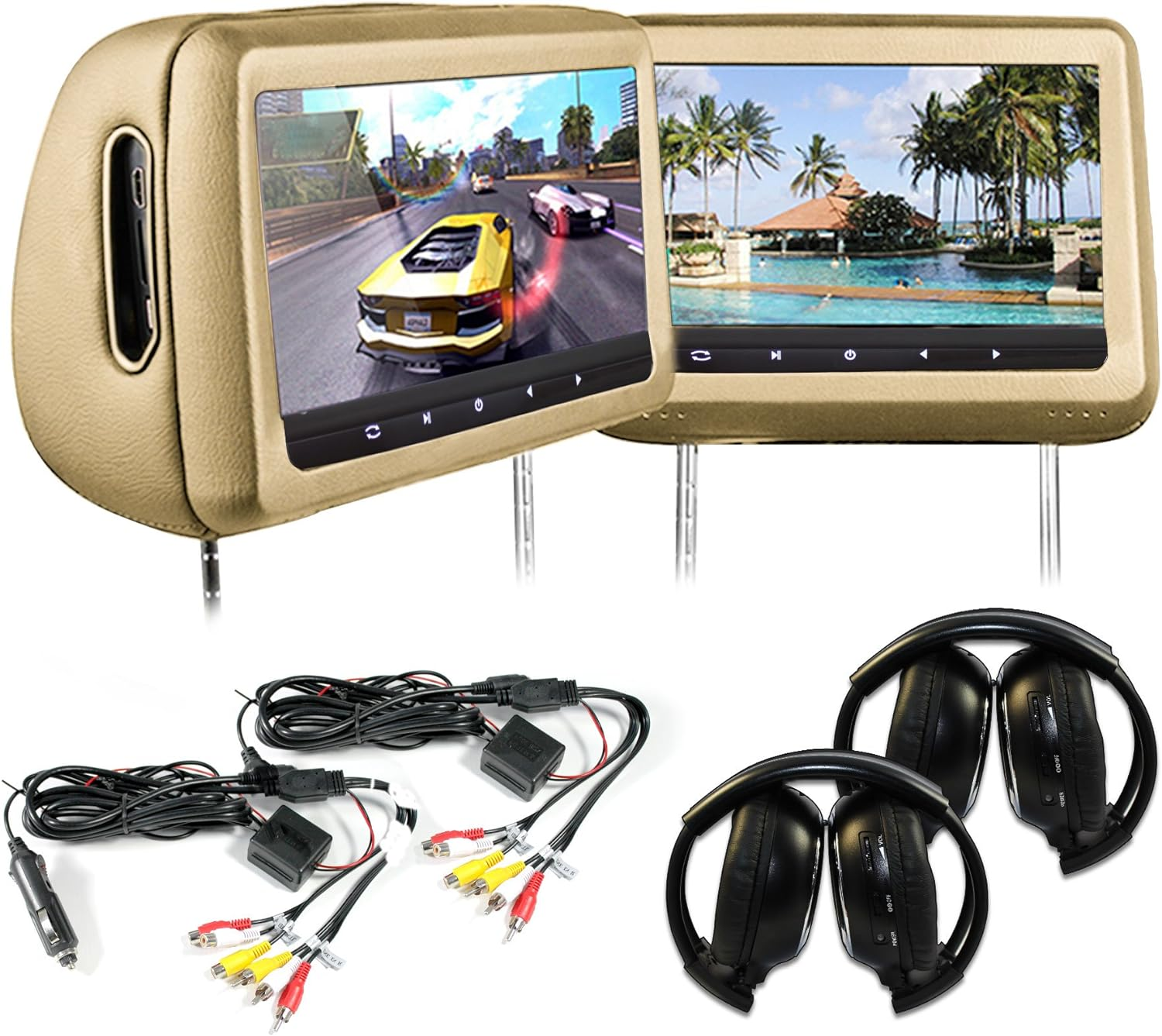 Elinz Headrest 2X10.1 HD Car Monitor Pillow HDMI DVD Player 1024X600 IR FM SD USB 2X Headphones Will Fit All Cars Easy Installations (Beige)