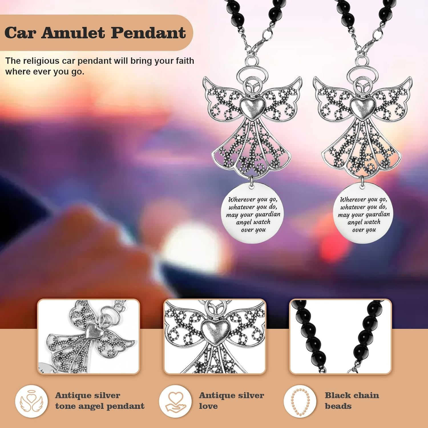 2 Pack Guardian Angel Car Charm&Cross Car Charm Rear View Mirror Accessories Set,Cross for Car Rear View Mirror Car Charm,Guardian Angel for Car,New Driver Gifts image number 3