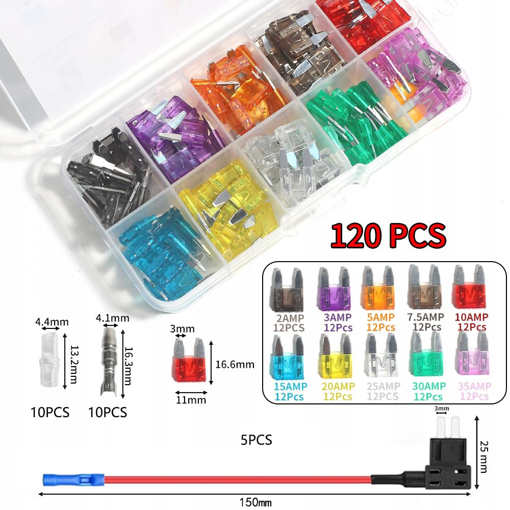 Aikoolwer 12V 5 Pack Car Fuse Assortment Kit Blade Add-A-Circuit Fuse Tap Adapter Automotive Standard LED Auto Fuses Holder Mini Marine RV Camper Boat Truck (2A 3A 5A 7.5 a 10A 15A 20A 25A 30A 35A)