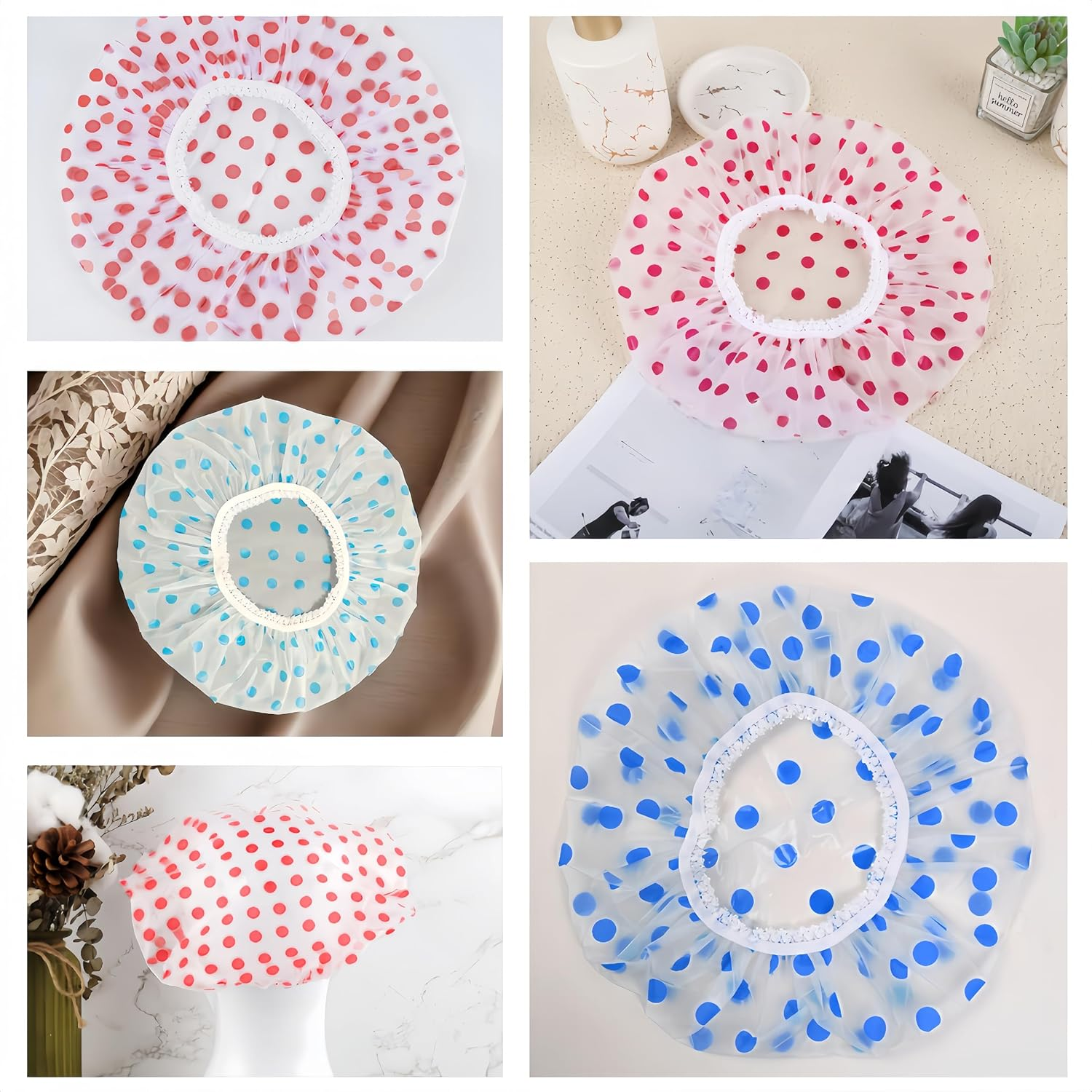 5 Pieces Multi Purpose Shower Caps,Shower Caps for Women,Reusable Waterproof Shower Caps,Waterproof Plastic Bath Caps for Bath, Face Care, Kitchen, Cleaning, Ladies Spa Salon