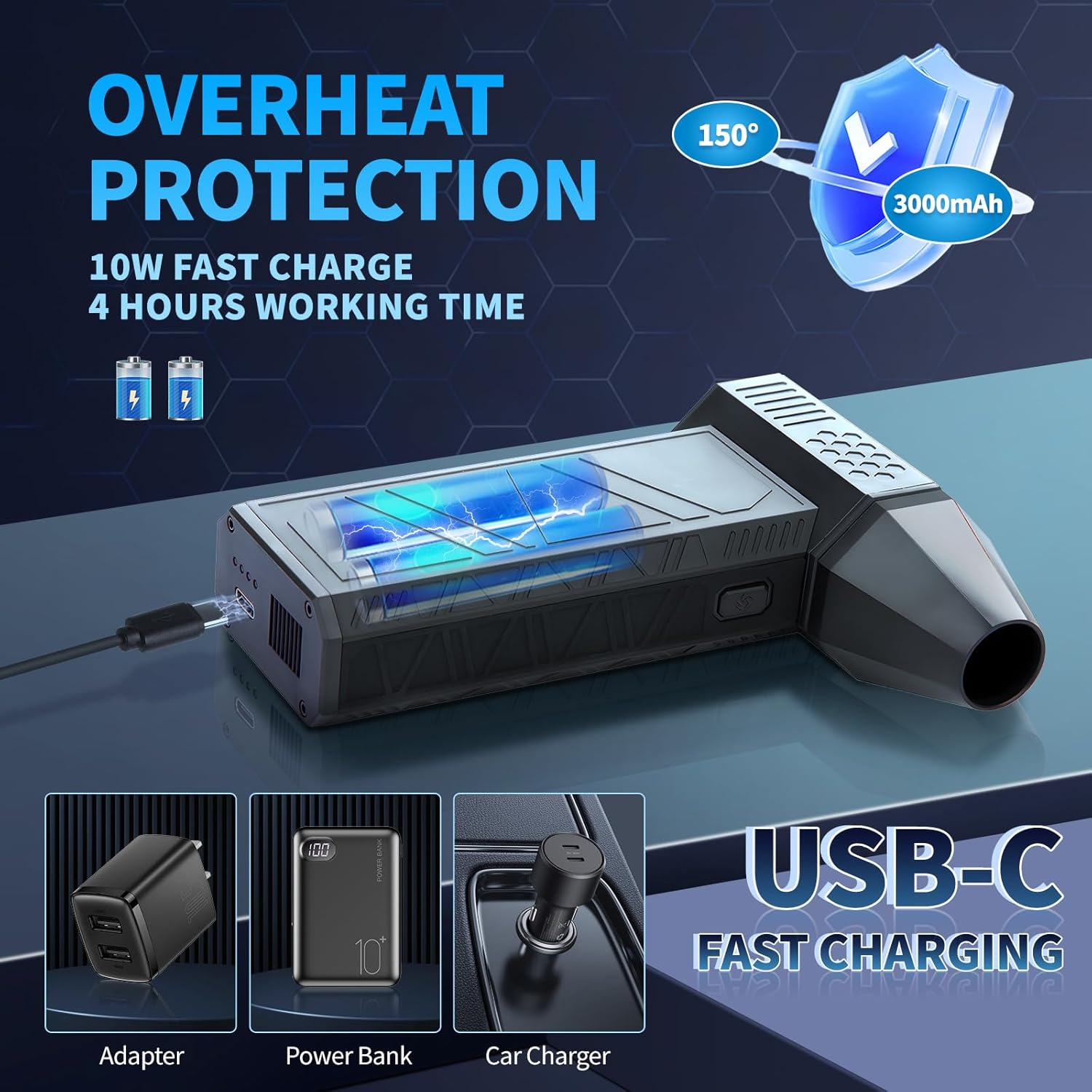 Electric Air Duster, Compressed Air Cleaner for PC. 130000RPM Air Blower, 3-Speed Cordless Rechargeable Air Blaster Jet Fan for Laptop, Keyboard, Cars, Replaces Compressed Air Can image number 4