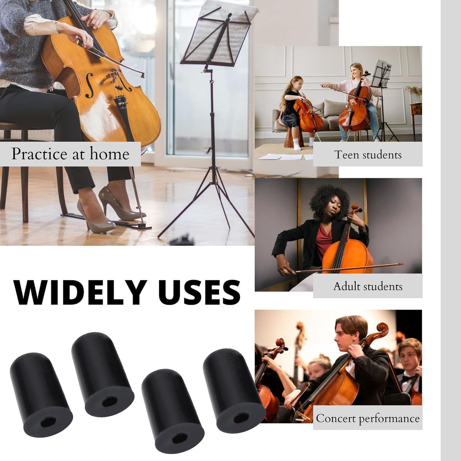 4 Pcs Rubber Tip for Cello Endpin Tip Cap Non-Slip Cap, Instrument Part Replacement, Cello Non-Slip Mat Cello Rubber Tip Floor Protectors, Cello Bass Instrument Accessories Black