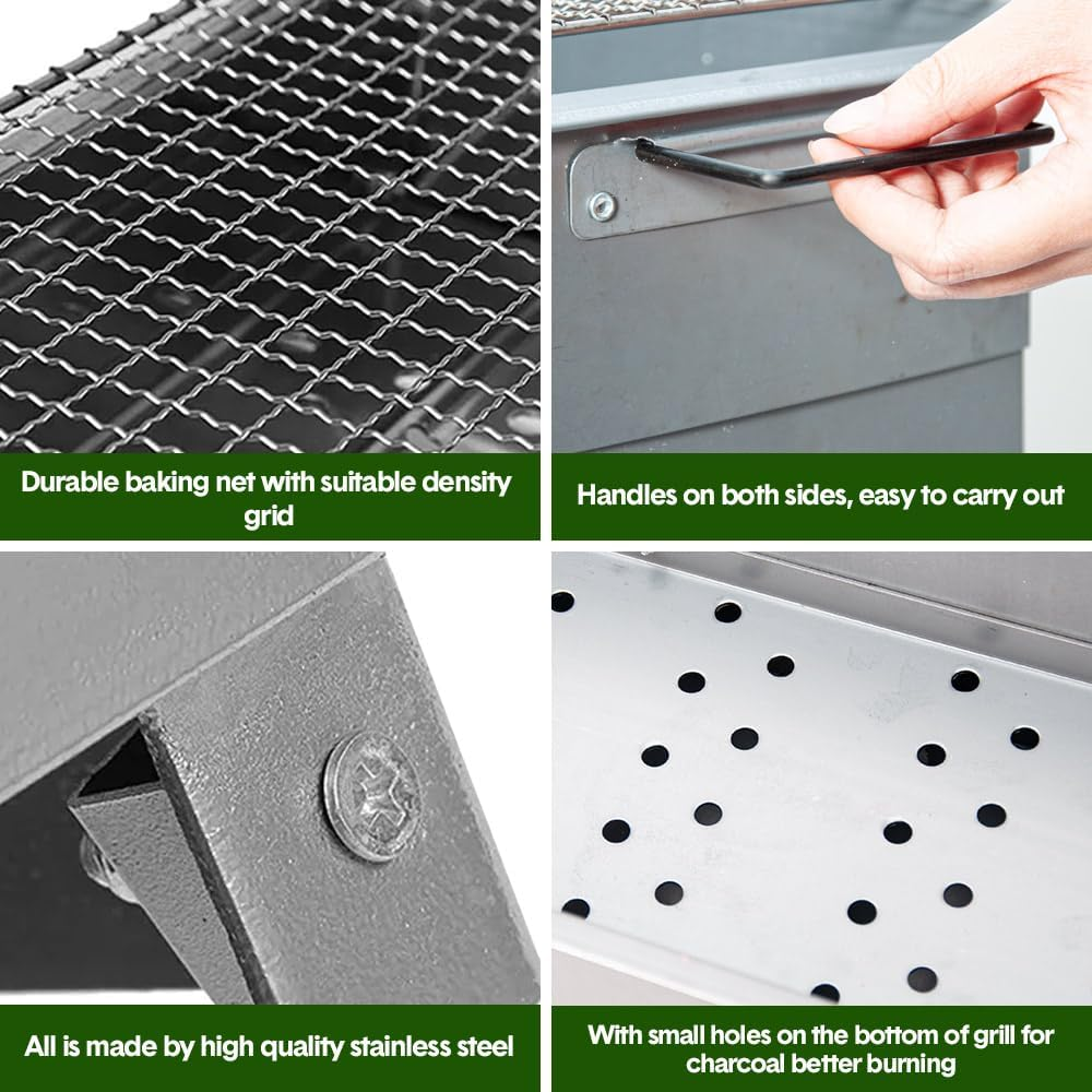 ALSTON Portable Charcoal Grill Rectangular Folding Stainless Steel BBQ Grill L100Xw18Cm for Skewer and Kebabs with Storage Shelf Outdoor Camping Patio Cooking image number 2