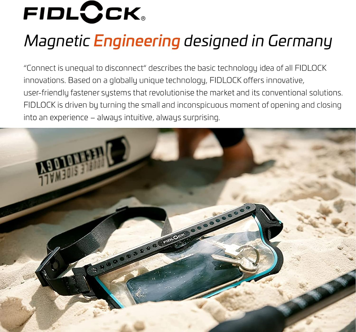 FIDLOCK Hermetic Sling Phone Dry Bag - Waterproof Pouch for Cellphone with Magnetic Self-Sealing Closure - Full Touch Functionality through the Case, Transparent Blue