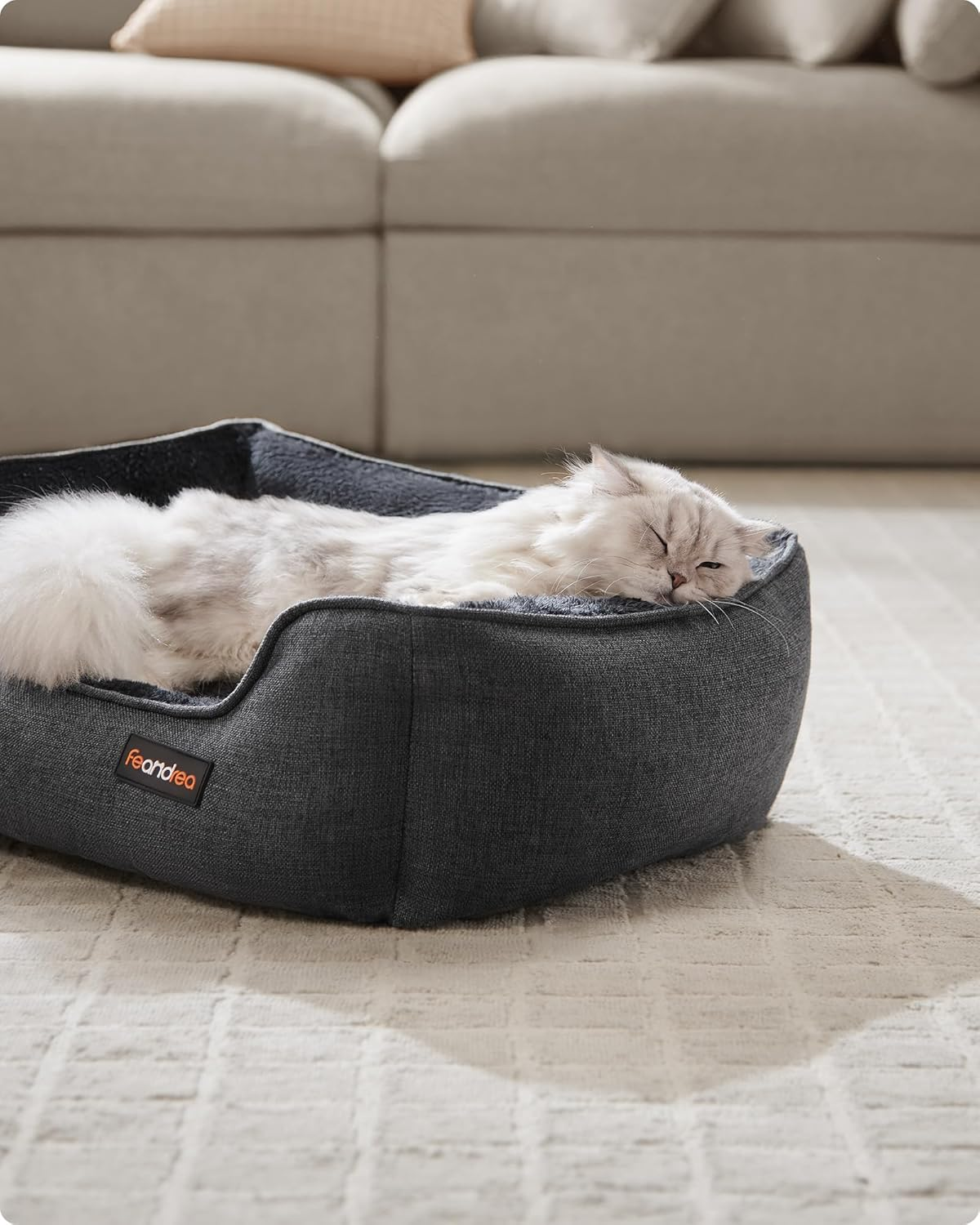 Feandrea PGW009G01 Cat Bed, Dog Bed, Dog Cushion in Linen Look, Raised Edges, Non-Slip Base, Removable Washable Cover, S, for Mini Dogs, 60 X 50 X 21 Cm, Dark Grey image number 4