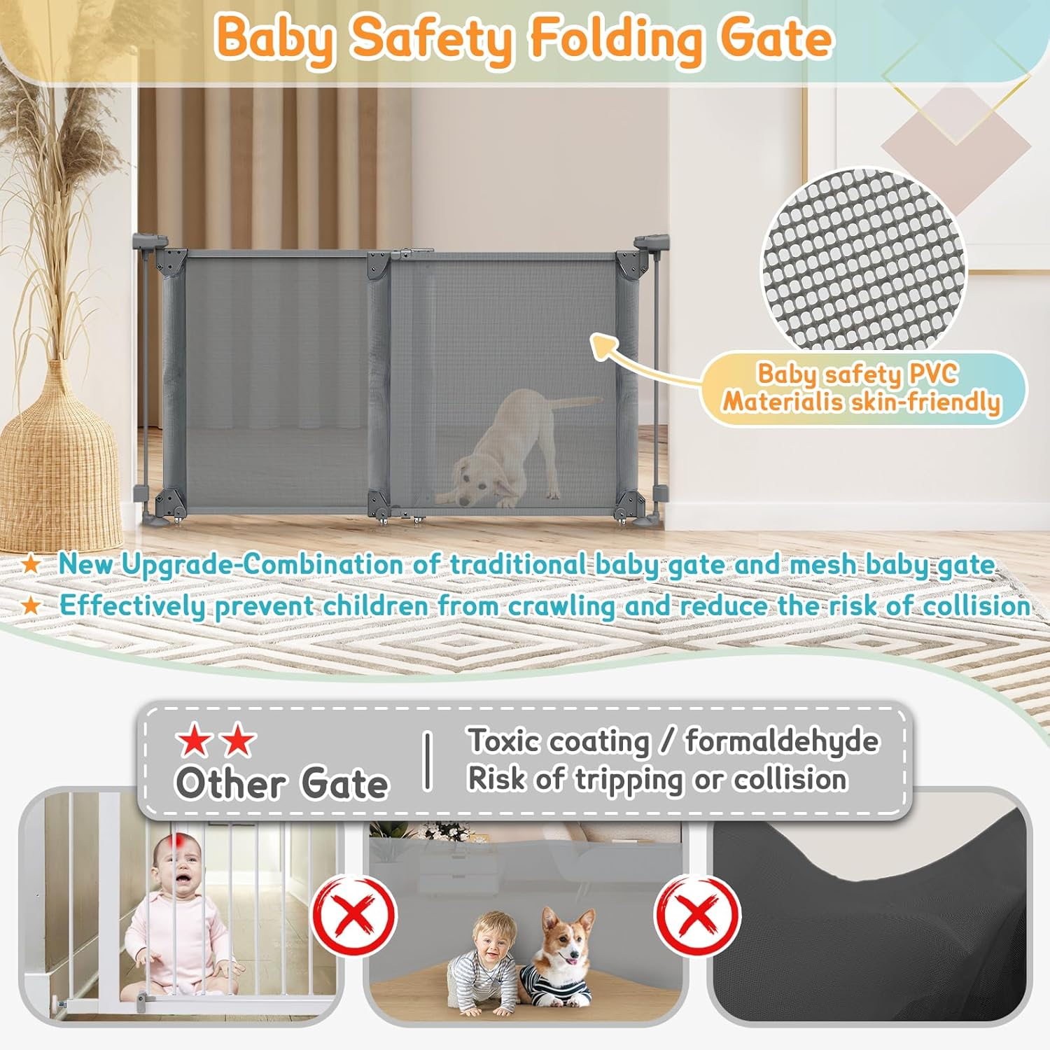 Foldable Baby Gate, Adjustable Baby Gates for Doorways, Dog Gate Adjustable Width 80 to 140Cm, 75Cm Tall Pet Gate One Handed Operation, Mesh Safety Gate for Stairs/Hallways/Outdoor/Indoor image number 4