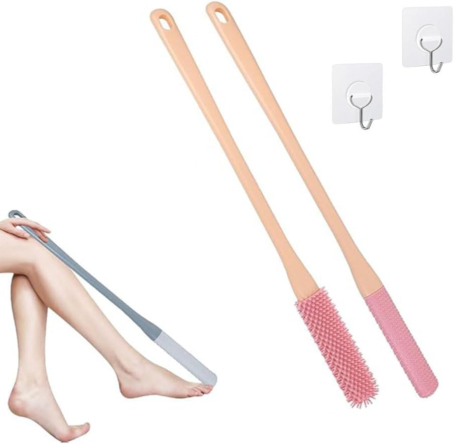 2PC Toe Gaps Cleaning Brush,Foot Brush for Shower with Long Handle,No Bending to Remove the Dead Skin of the Feet, Suitable for the Elderly, Pregnant Women (Pink)