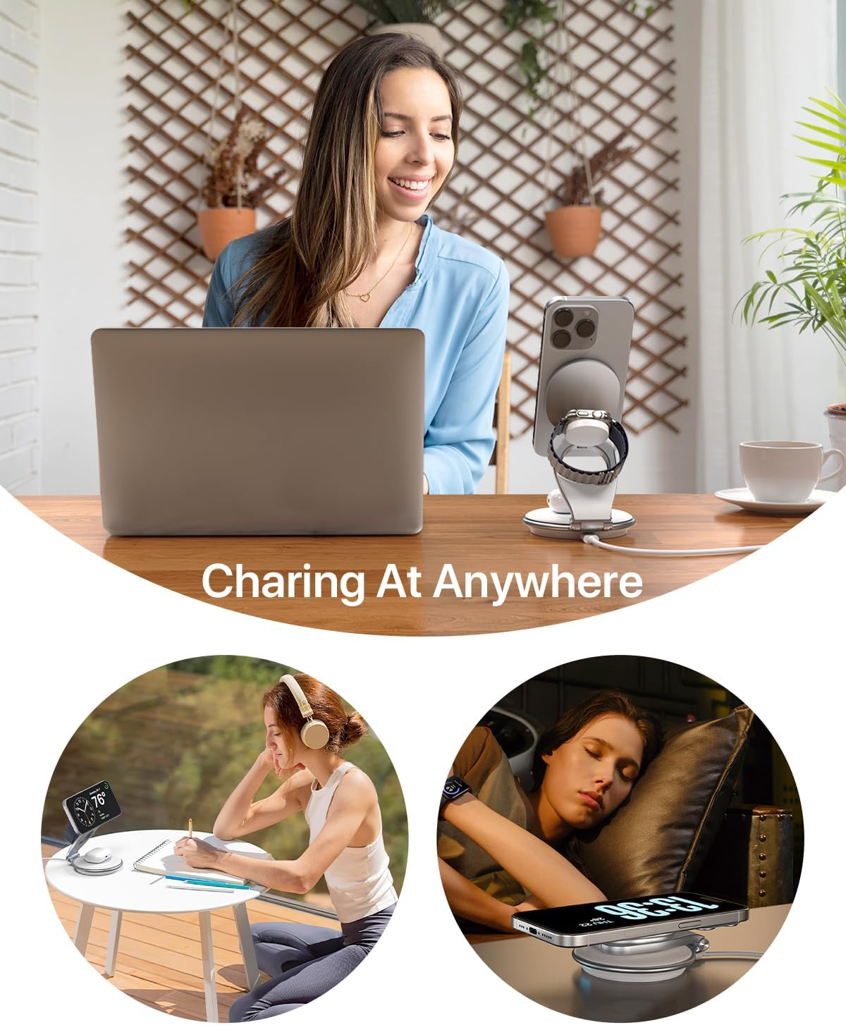 EXW 3 in 1 Wireless Charger for Apple, Wireless Charging Station for Bedside, 15W Phone Charger Stand with 30W Adapter for Iphone 17/16/15/14/13/12 Series, Airpods and Apple Watch Charge (White) image number 2