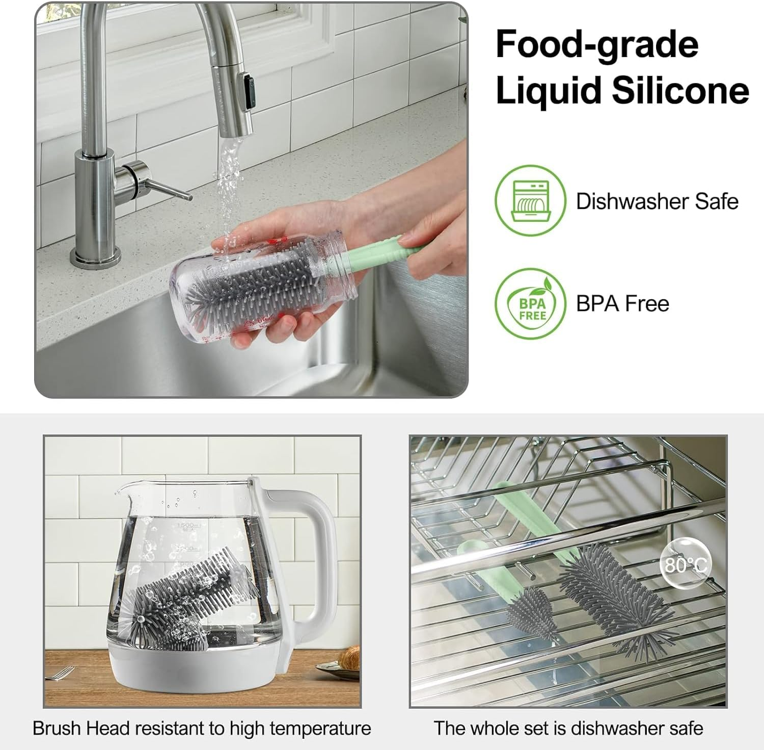 Ronluuu Baby Bottle Brush Set with Silicone Bristles | 6-In-1 Multi Function Cleaning Kit, Teat/Straw Brushes, Compact Drying Stand & Travel Storage Case | Home & Travel Use (Green) image number 5