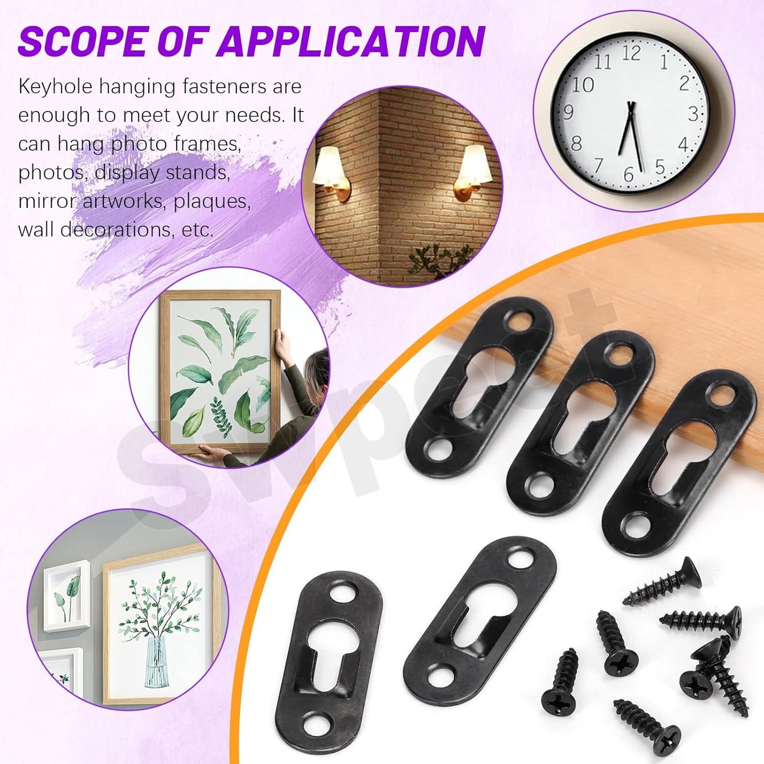 Swpeet 280Pcs 45 X 16Mm Black Carbon Steel Single Keyhole Hangers with Screws and Picture Frame Turn Button Fasteners Assortment Kit, Keyhole Hanging Plate Picture Hanger for Frame, Key, Photo image number 7