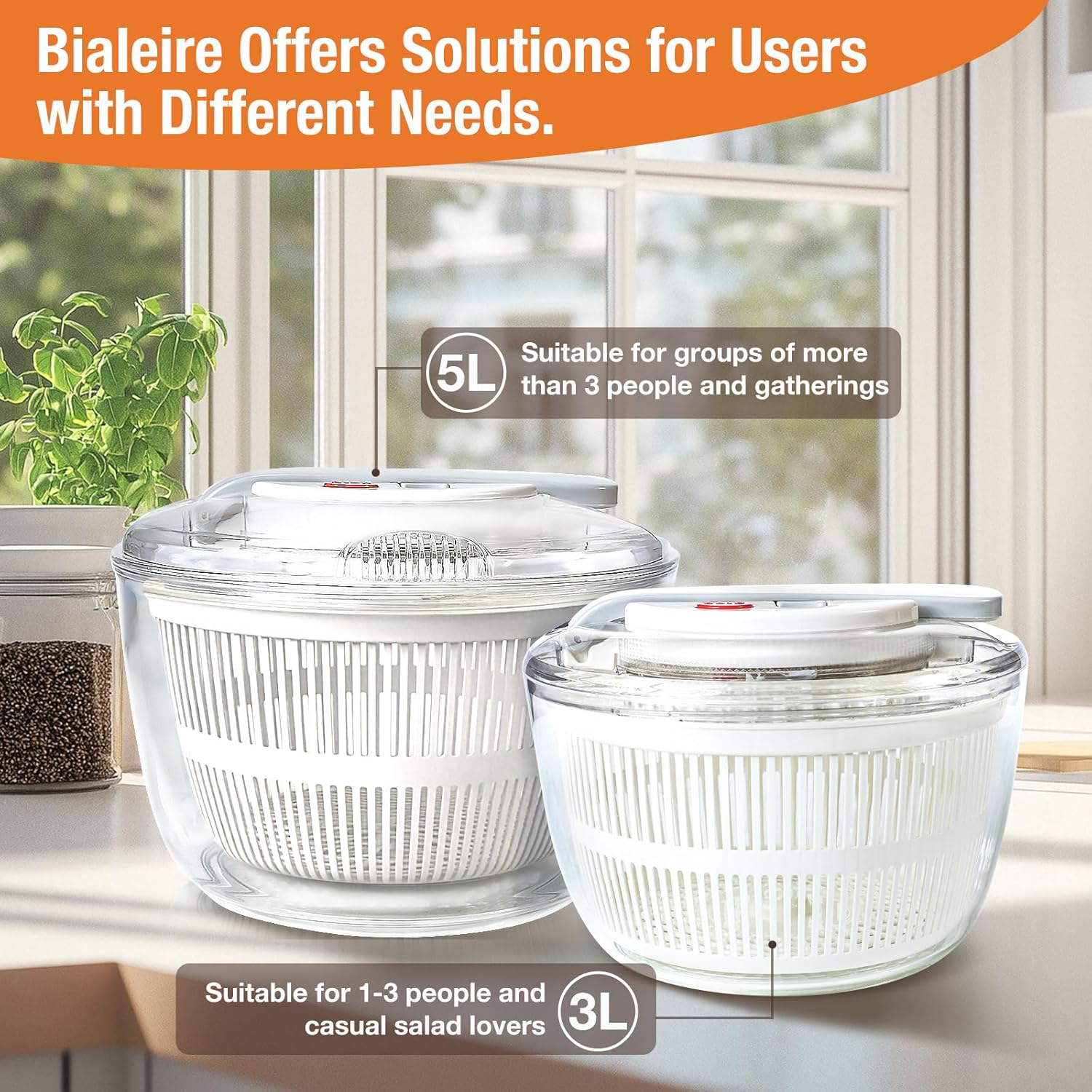 5L Salad Spinner, One-Handed Easy Press Large Lettuce Spinner Plastic Fruit and Vegetable Wash, Food Cleaner Salad Cleaner Lettuce Washer, Non-Slip Base, Large Colander Salad Dryer Bpa-Free image number 6