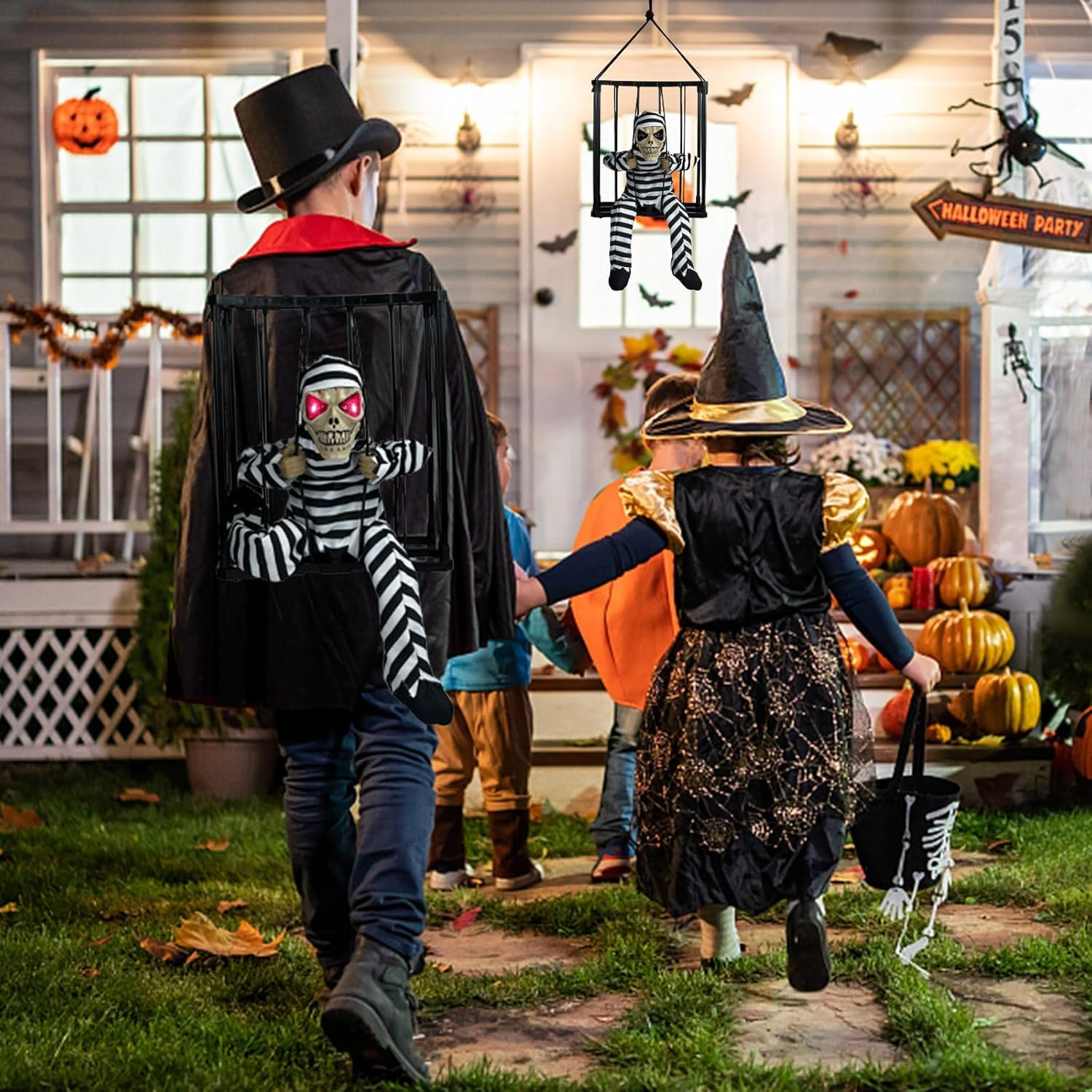 Screaming Animated Halloween Decorations, Halloween Decor Prop with Motion Sensor, Scary Skull Cage Prisoner Haunted House Decor, Spooky Hanging Ghost Decorations Outdoor Indoor image number 6