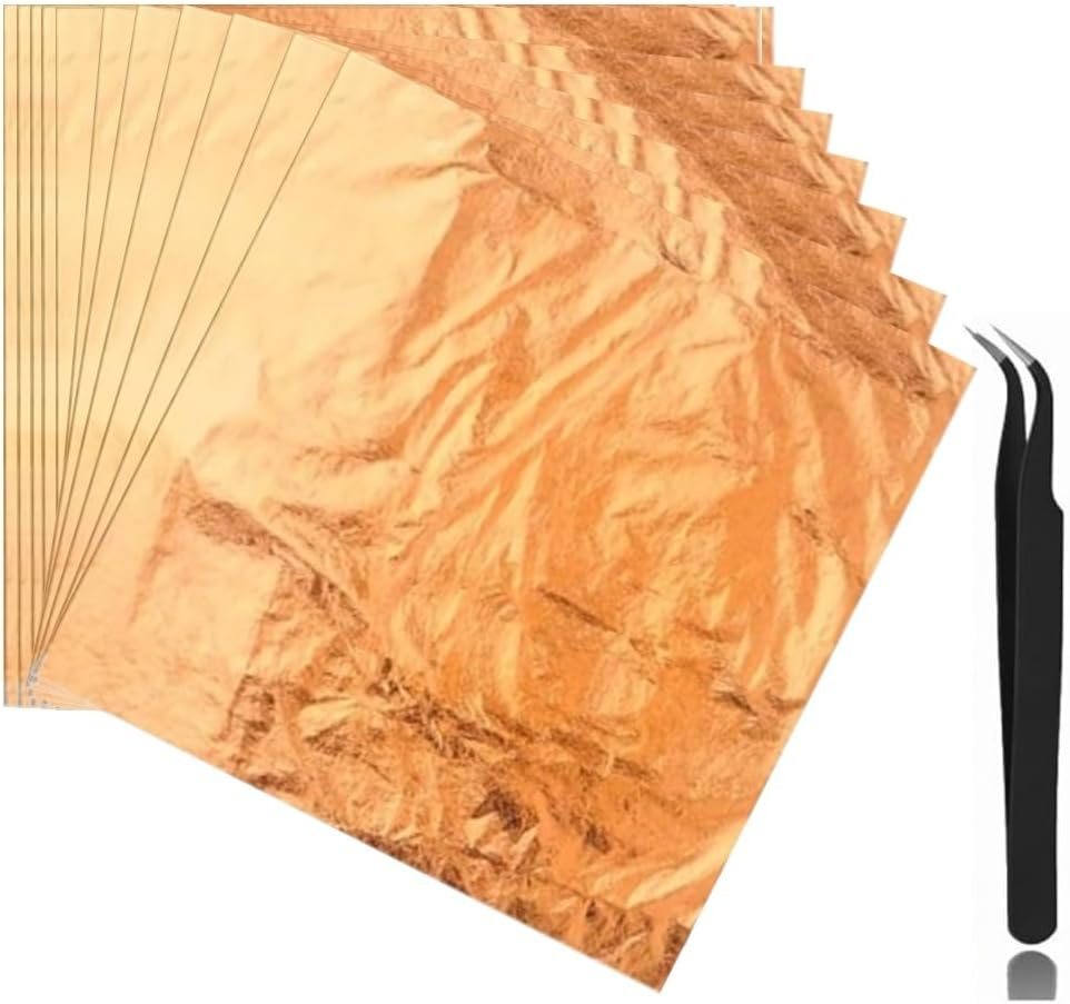 Gold Leaf Sheets for Art, 100 Sheets, Gold/Silver/Rose Gold, with Tweezer for Crafts, Resin, Nails (Rose Gold)