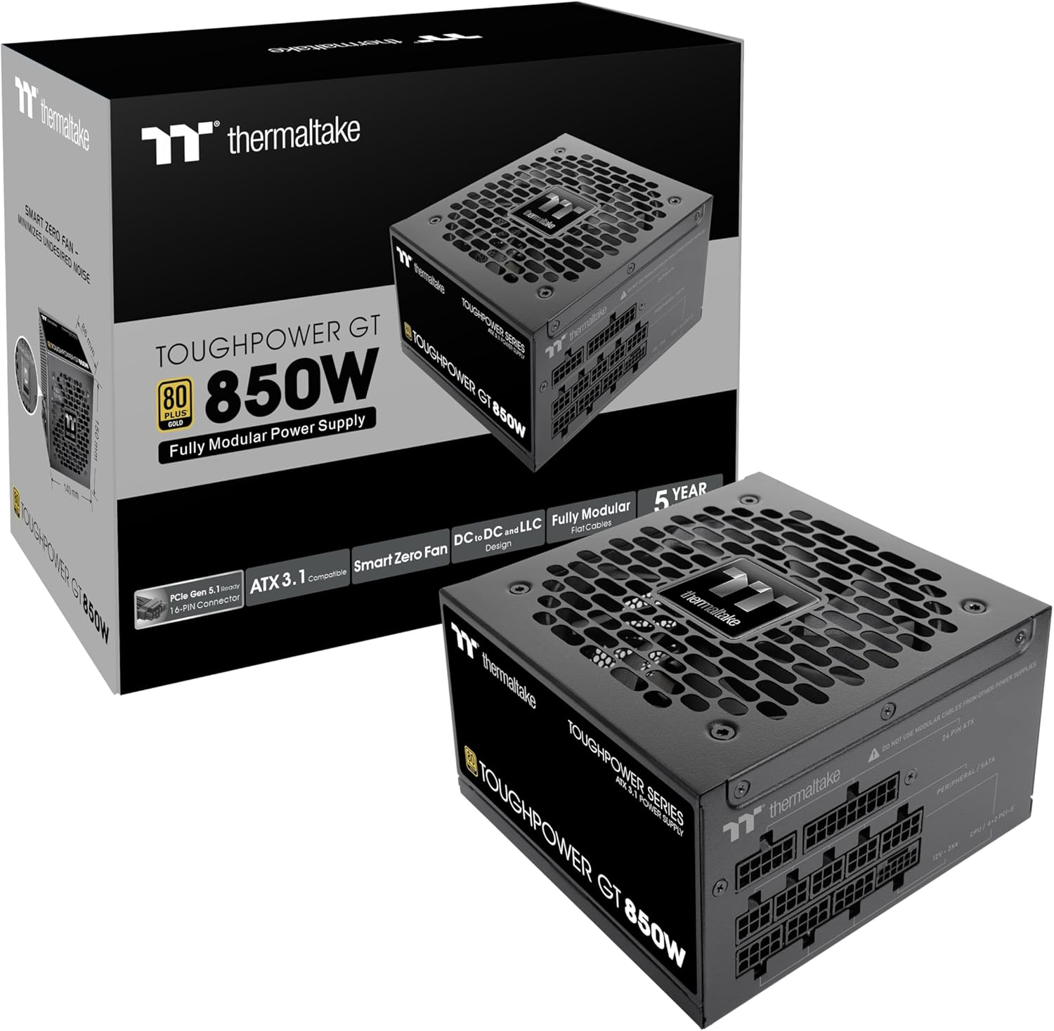 Thermaltake Toughpower GT 850W ATX 3.1 Standard Power Supply; 80 plus Gold Efficiency; Smart Zero Fan; Built-In 450W Pcie 5.1 Connector; PS-TPT-0850FNFAGU-3 ; 5 Year Warranty