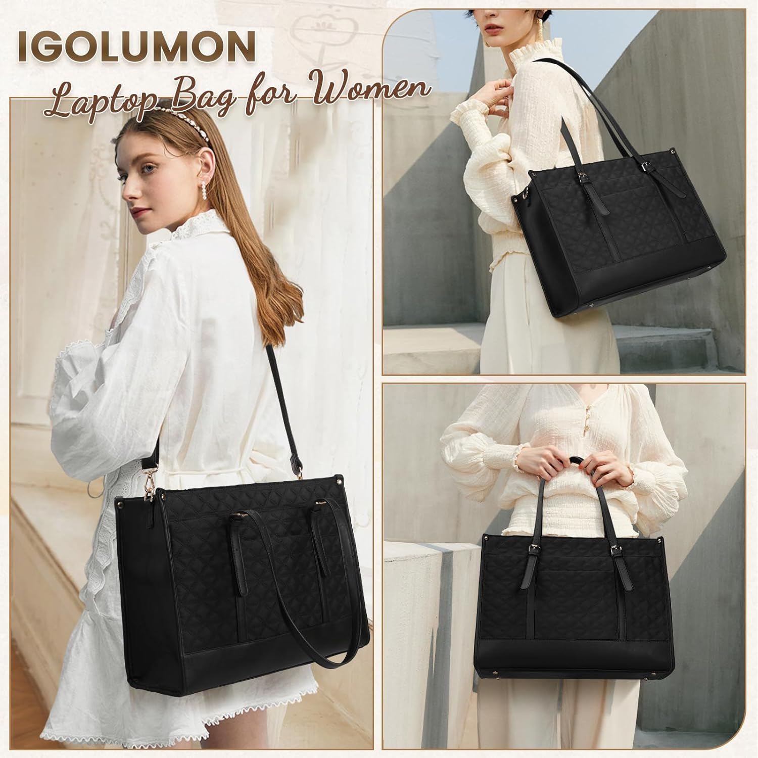 IGOLUMON Laptop Bag for Women 15.6 Inch Vegan PU Leather Work Tote Bag Designer Quilted Womens Briefcase with Clutch Purse image number 6