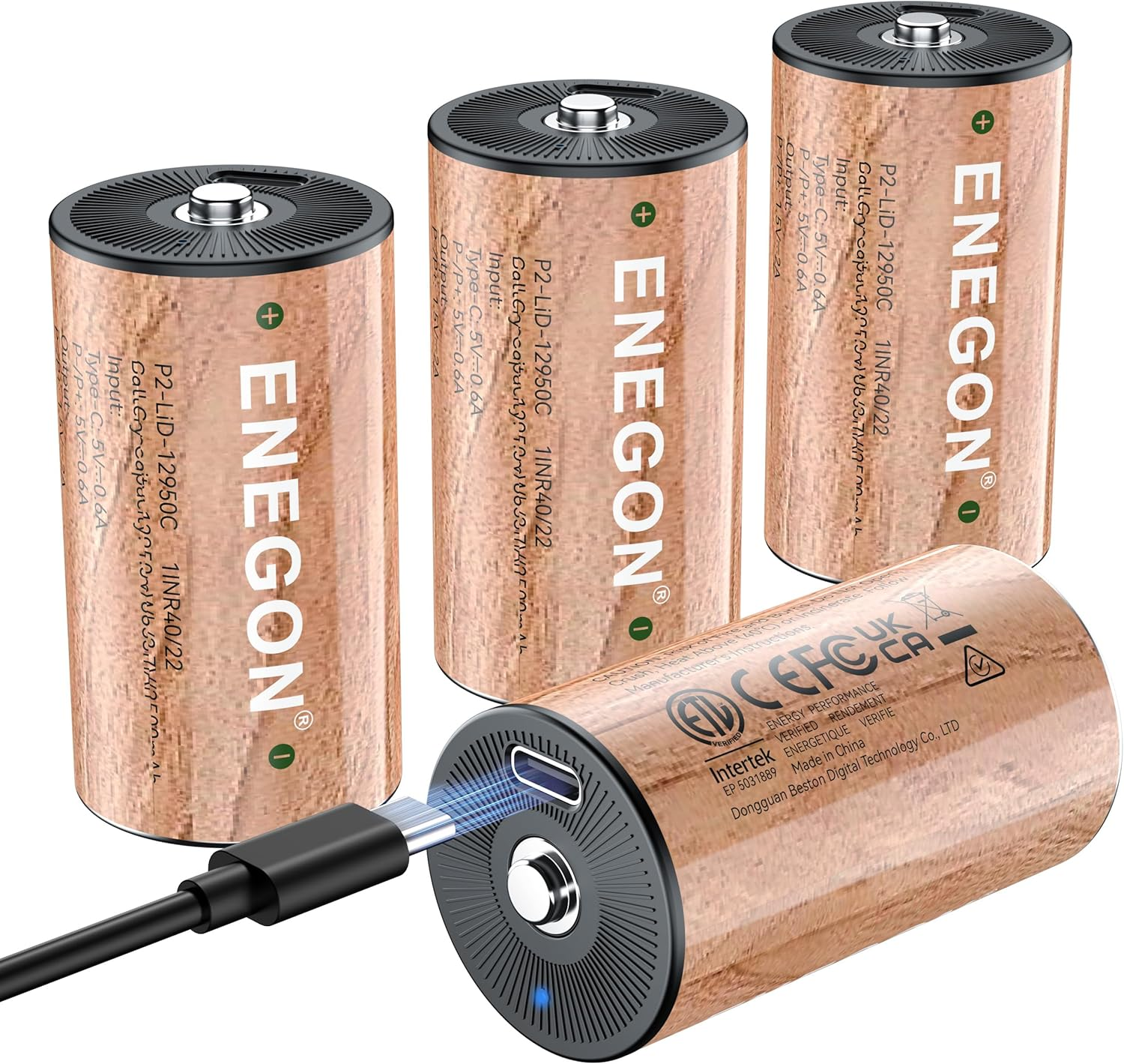 ENEGON Rechargeable D Batteries 12950Mwh (4 Pcs), USB-C Charging Li-Ion D Cell Batteries (2-In-1 Cable Included), LR20 1.5V Long-Lasting for Floodlight Toys, RC Car image number 6