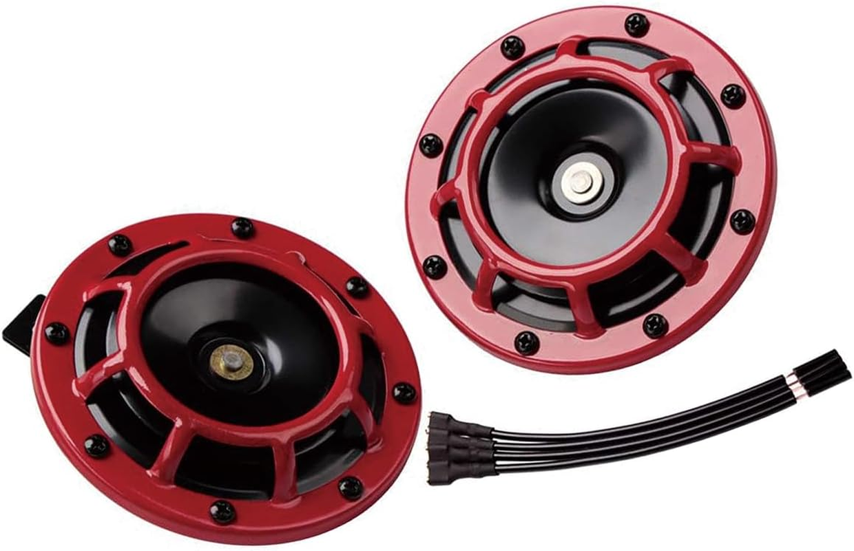 Universal 12V Super Loud Twin Horn Kit ，High/Low Tone 120Db Motorcycle & Car Horn with Protective Grill, Easy Installation for Auto/Bike/Truck (Red)