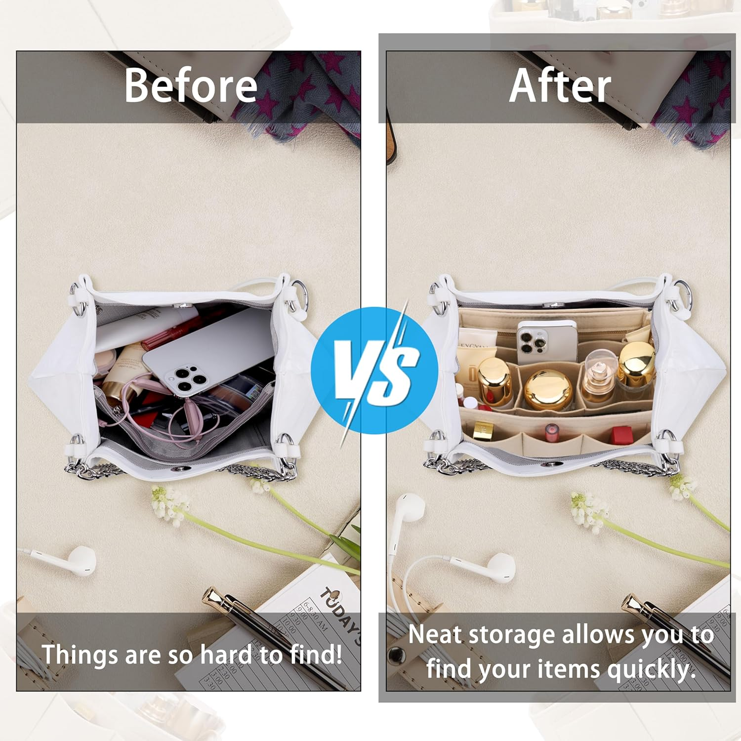 Hejo Handbag Organiser, Felt Bag Organiser, Bag in Bag Organiser, Bag Organiser Shopper, Multi-Pocket Handbag Inner Pocket for Women Girls (Beige, M) - Beige image number 5