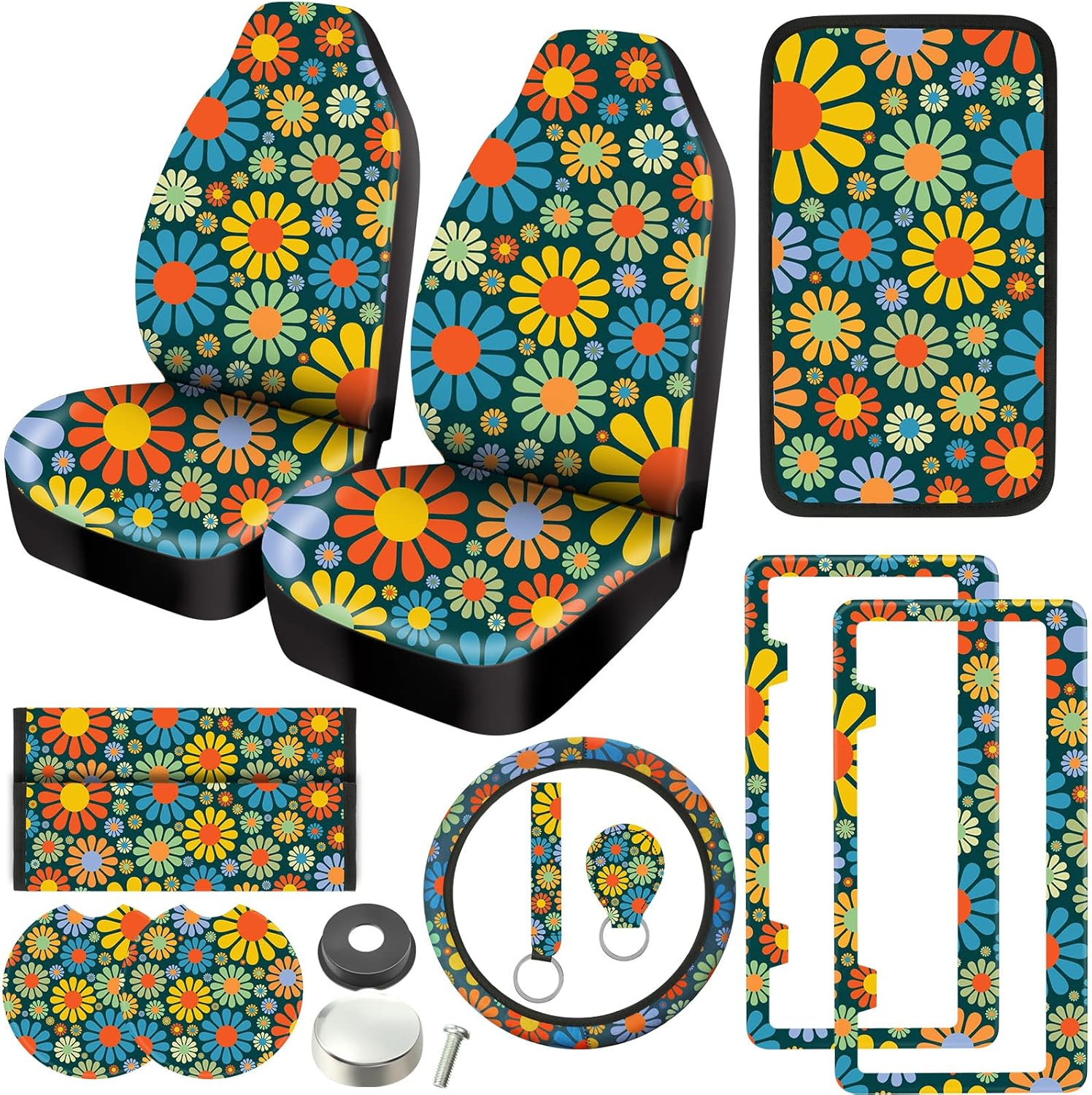 Tallew Abstract Hippie Flower Car Accessories Set - Car Seat Covers, Steering Wheel Cover, License Frames, Armrest Cover, Seat Belt, Cup Holder, Keyrings image number 3