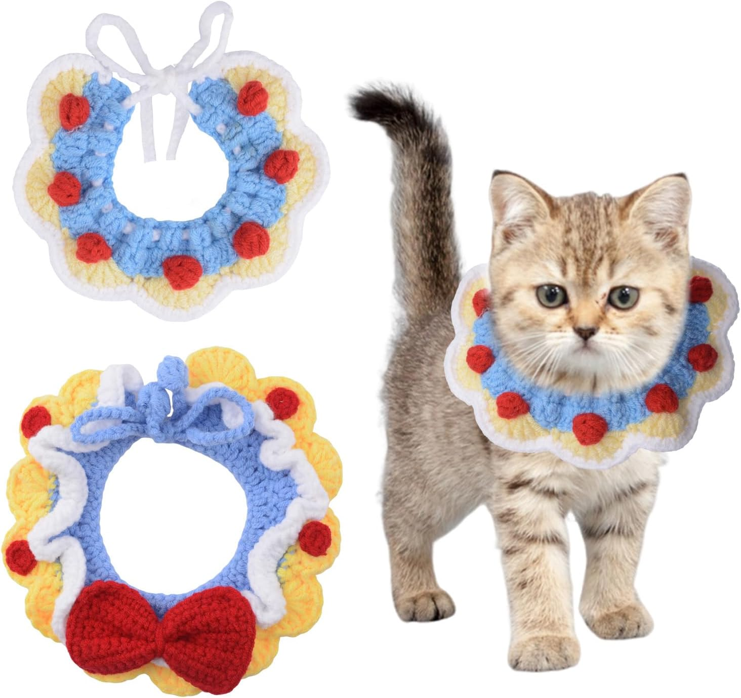 HACRAHO Adjustable Knit Pet Collar，2 PCS Knitted Cat Collar Handmade Cute Cat Collars Breakaway Kitten Collars Adjustable Knitted Cats Collares for Girl Cats Puppies（M）