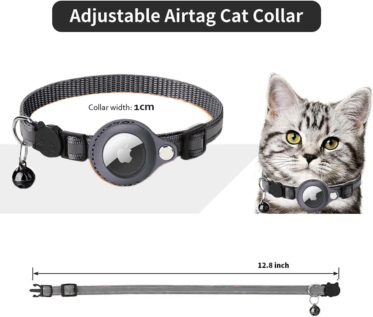 Cat Airtag Collar Breakaway Reflective Kitten Collar with Air Tag Holder and Bell Breakaway Buckle Lightweight for Pets Kitten Adjustable Cat Collar with Safety Buckle and Bell (Black)