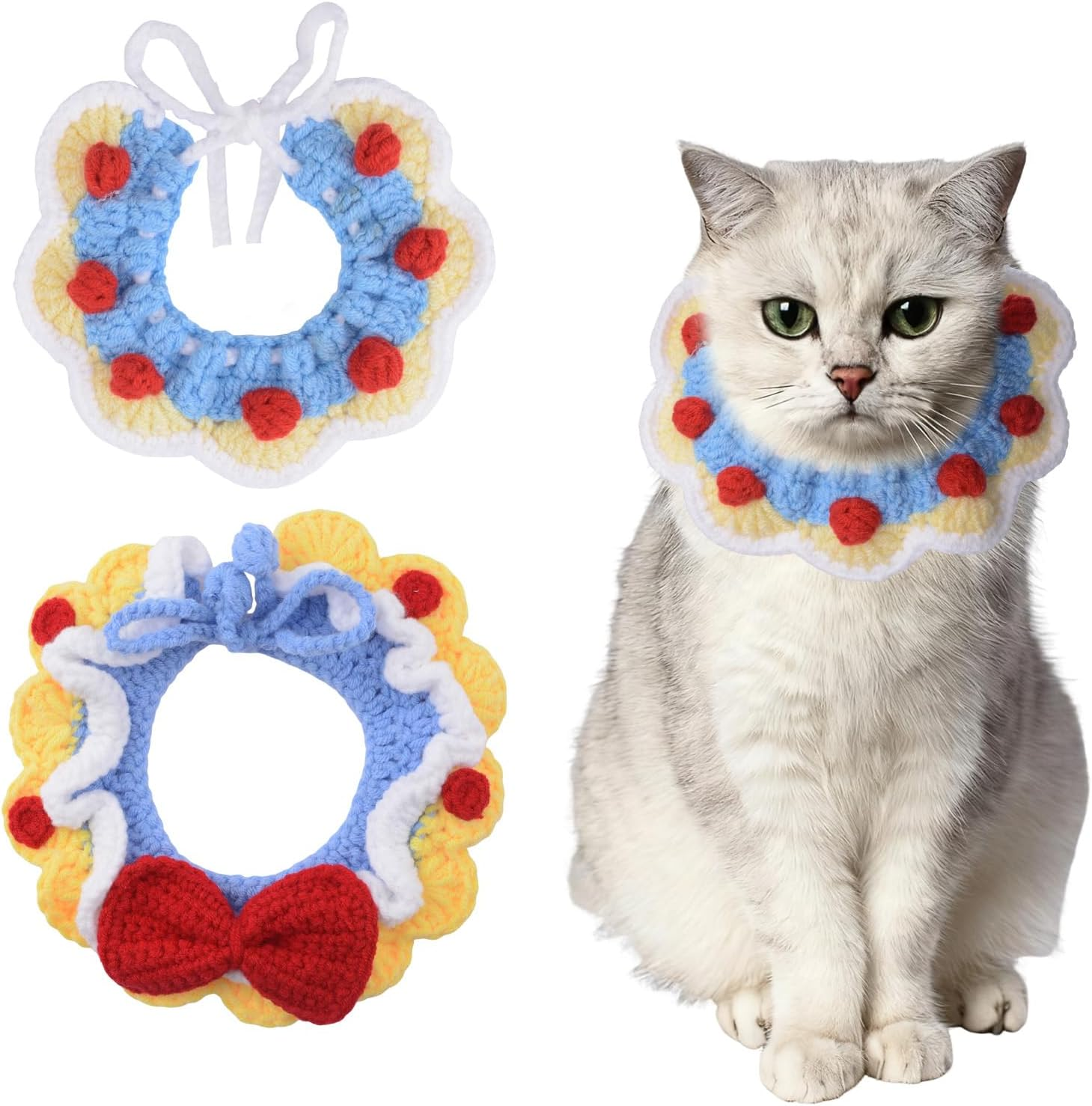 HACRAHO Adjustable Knit Pet Collar，2 PCS Knitted Cat Collar Handmade Cute Cat Collars Breakaway Kitten Collars Adjustable Knitted Cats Collares for Girl Cats Puppies（M） image number 3