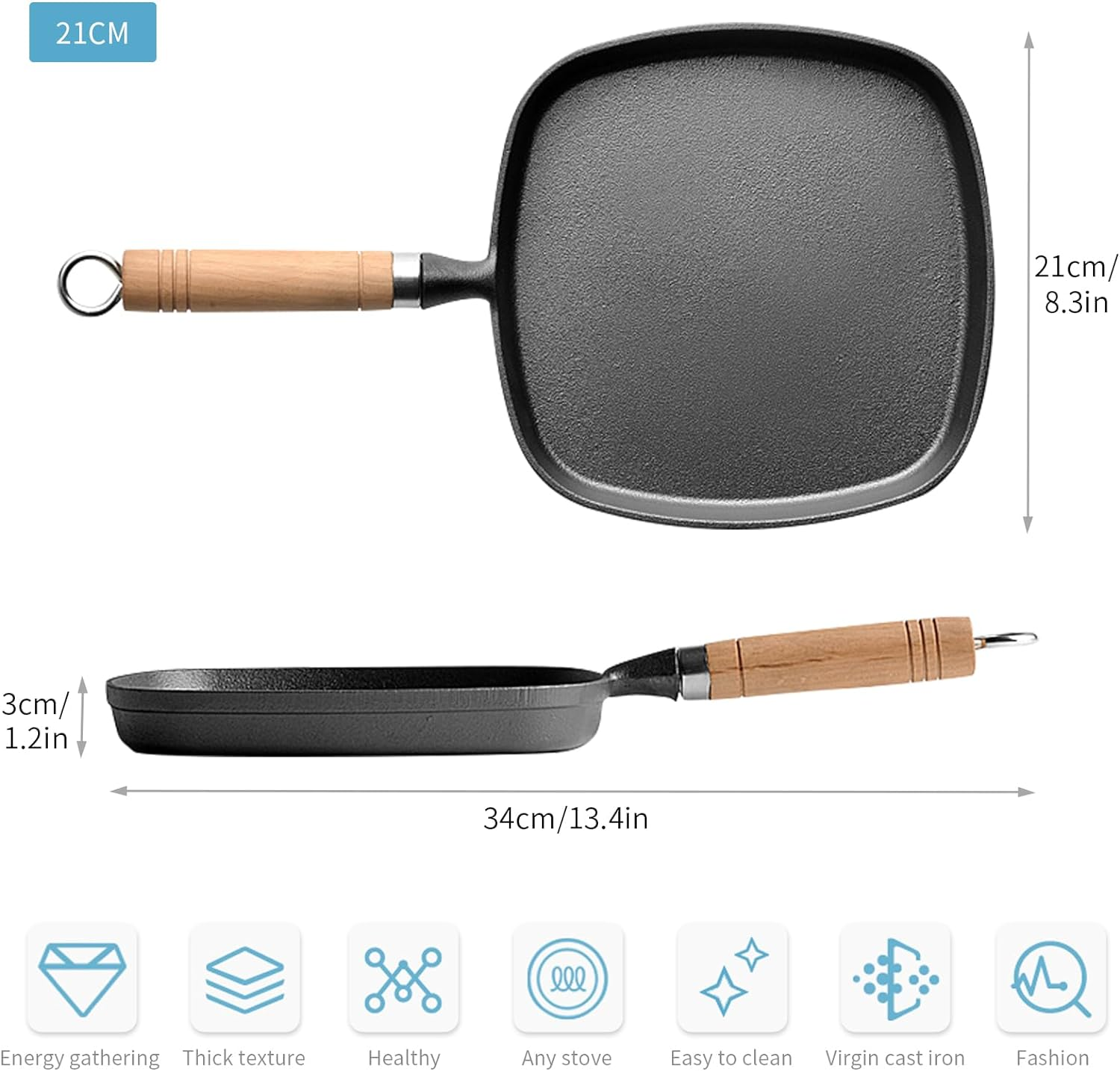 Cast Iron Grill Pan,8.6 Inch Steak Frying Pan 22Cm Square Grill Pan with Protective Wooden Handle for Kitchen BBQ Home Outdoor image number 2