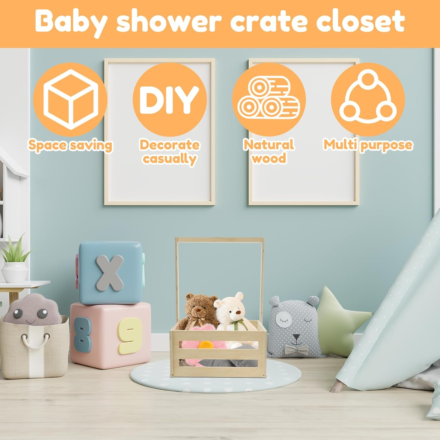 Rustic Wood Baby Storage Crate with 5 Hangers, Large Capacity, Portable Handle, Brown image number 4