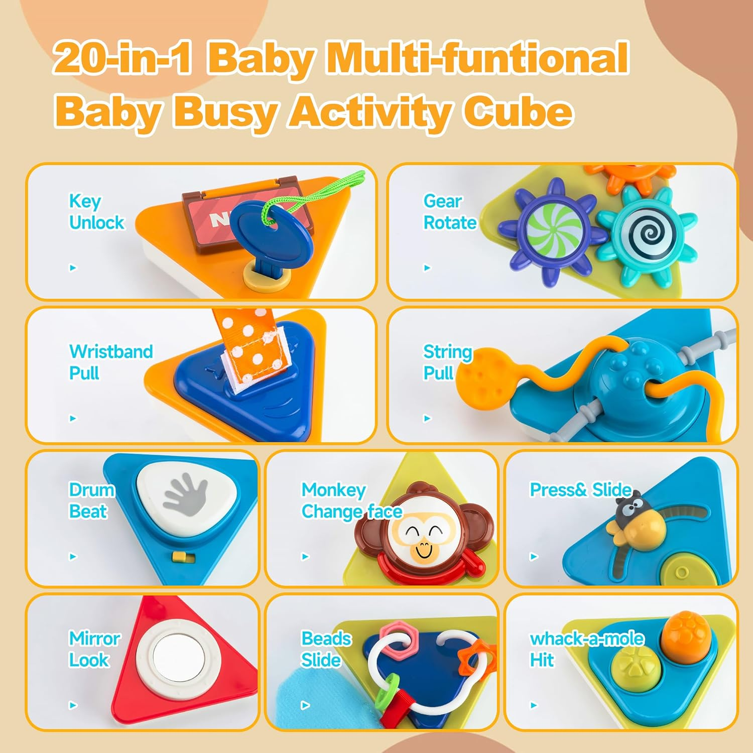 CYZAM 20-In-1 Activity Cube, Montessori Toys for 18M+ Kids Toddlers, Baby Sensory Busy Center with Lights and Music, Infant Educational Development Toys for 1 2 Years Old Boys Girls image number 5