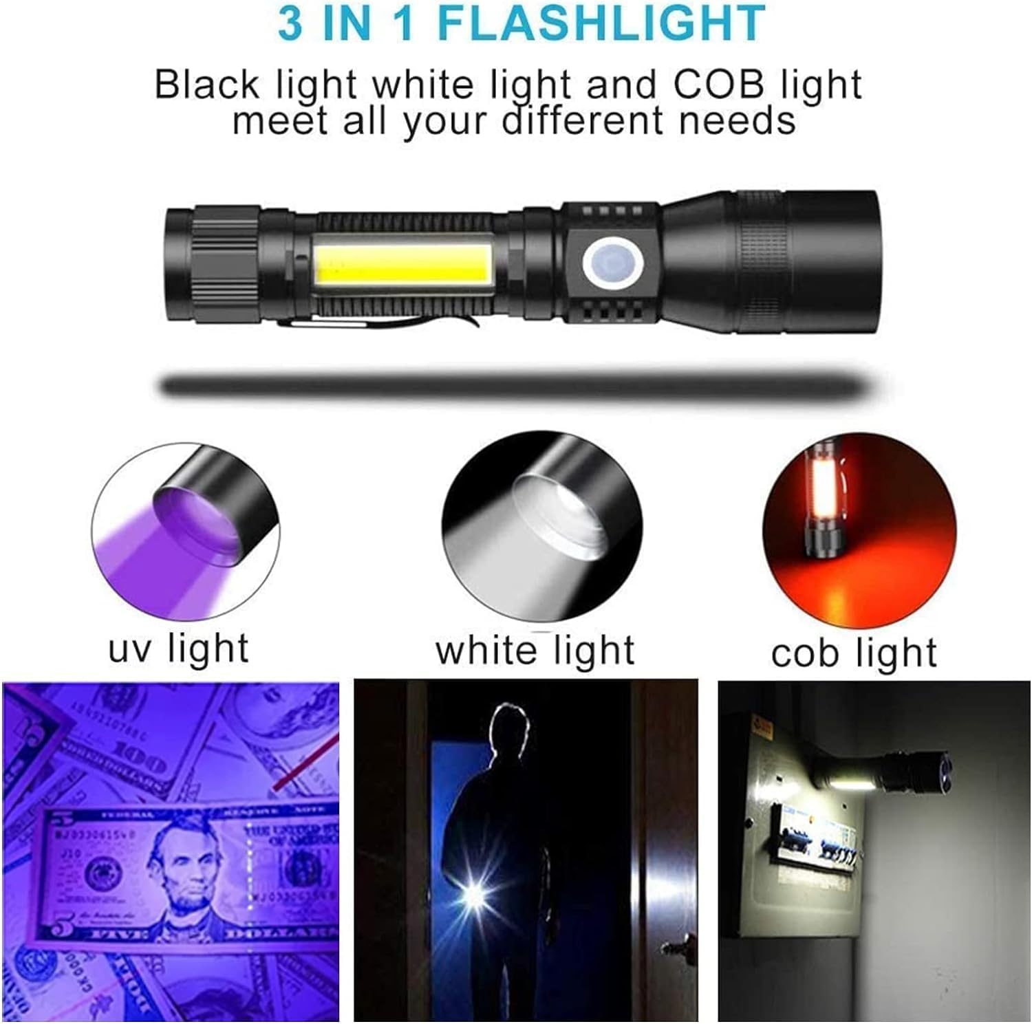 Rechargeable Flashlights, 3 in 1 Super Bright Black Light Flashlights 1200 Lumens, 7 Modes, Zoomable, IPX6 Waterproof Flash Light Recharchable for Camping, Emergency, Pet Clothing Detection image number 5