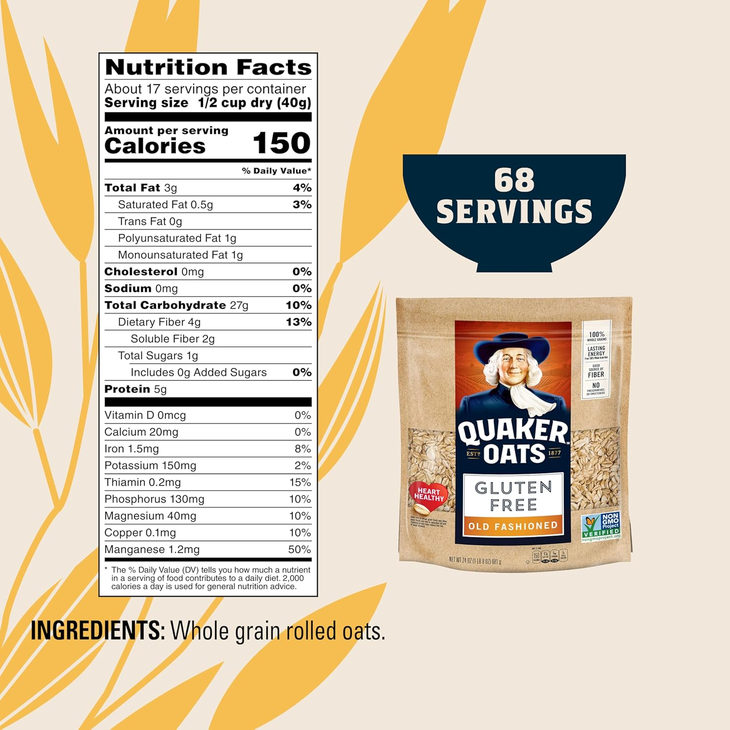 Quaker Gluten Free Old Fashioned Rolled Oats, Non GMO Project Verified, 24Oz Resealable Bags (Pack of 4) image number 1