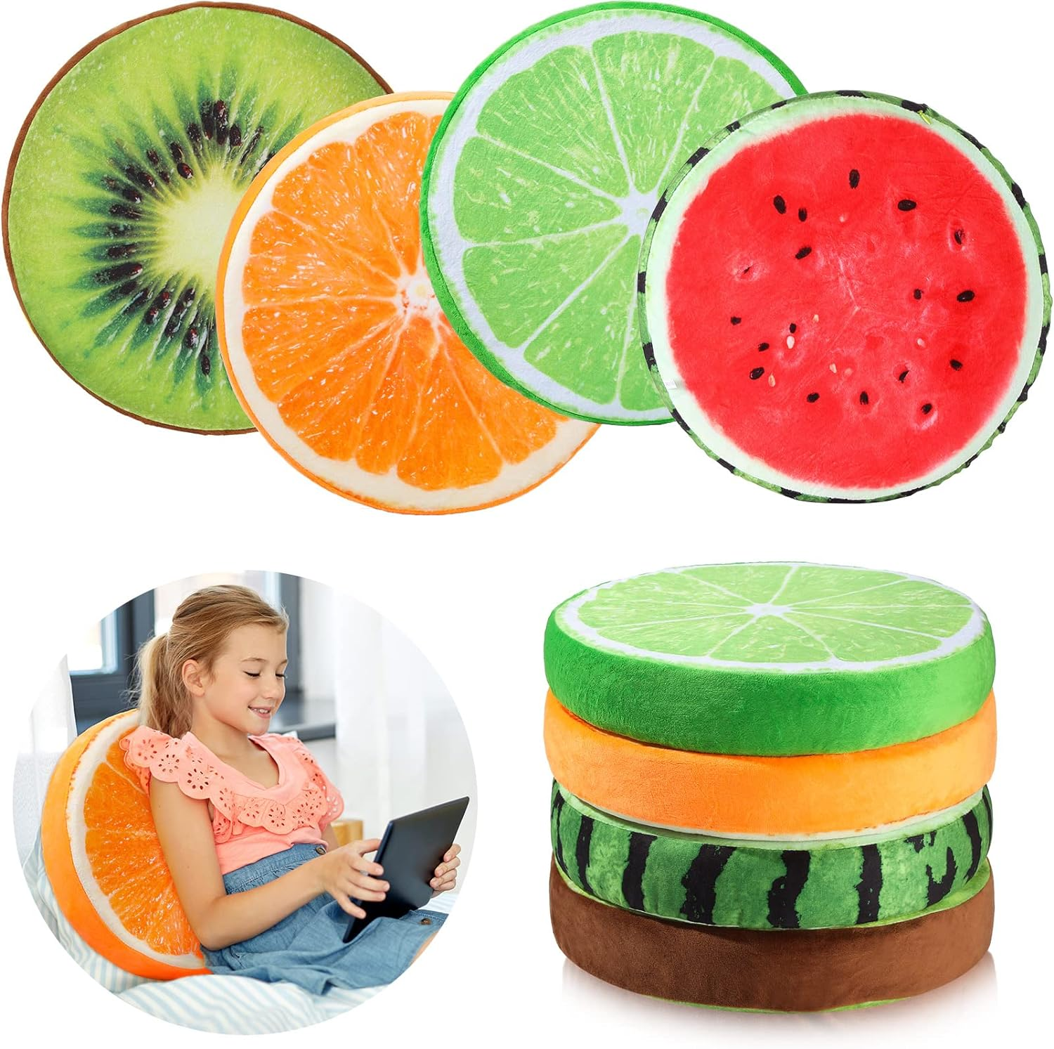 Coume 4 Pcs 15.7 Inch Fruit Pillows round Floor Cushions 3D Watermelon Kiwi Lemon Orange Decorative Stuffed Throw Pillows Chair Toy Seat Floor Seat Cushions for Kids Couch Sofa Classroom