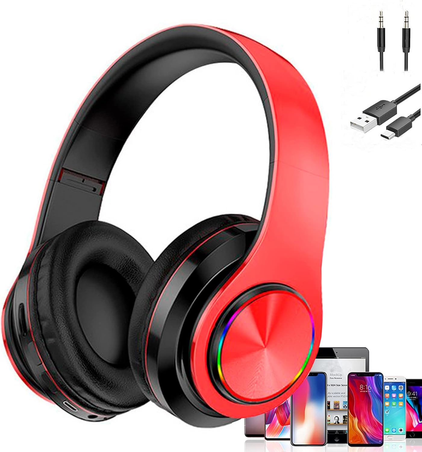 ESSGUO over Ear Kids Bluetooth Headphones, Colorful LED Lights Headphones with Built-In Mic, Wired & Wireless Lightweight Foldable Hifi Stereo Headset for Gift, Tablet, Adult, Game(White)